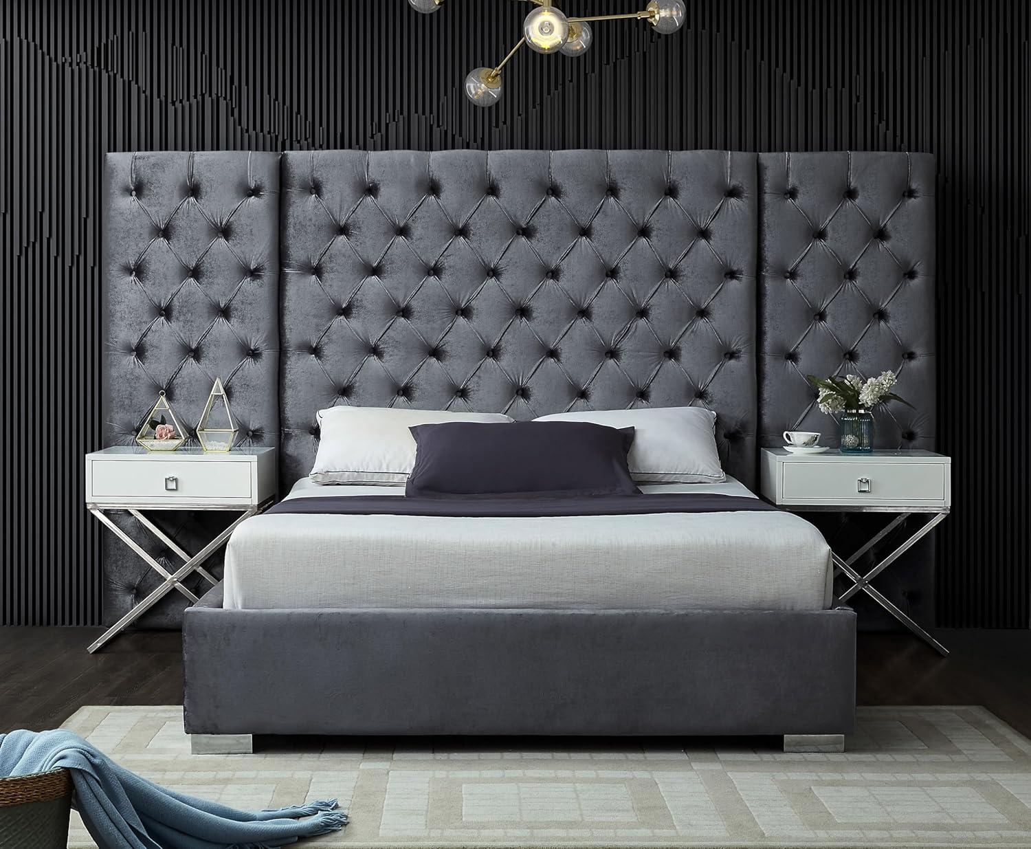 Meridian Furniture Grande Solid Wood and Velvet King Bed in Gray