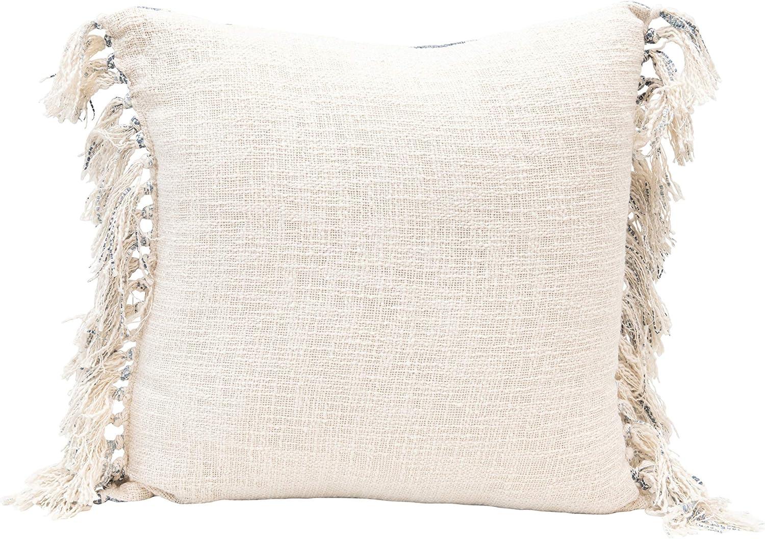 20" Blue and Cream Cotton Blend Ikat Throw Pillow with Tassels