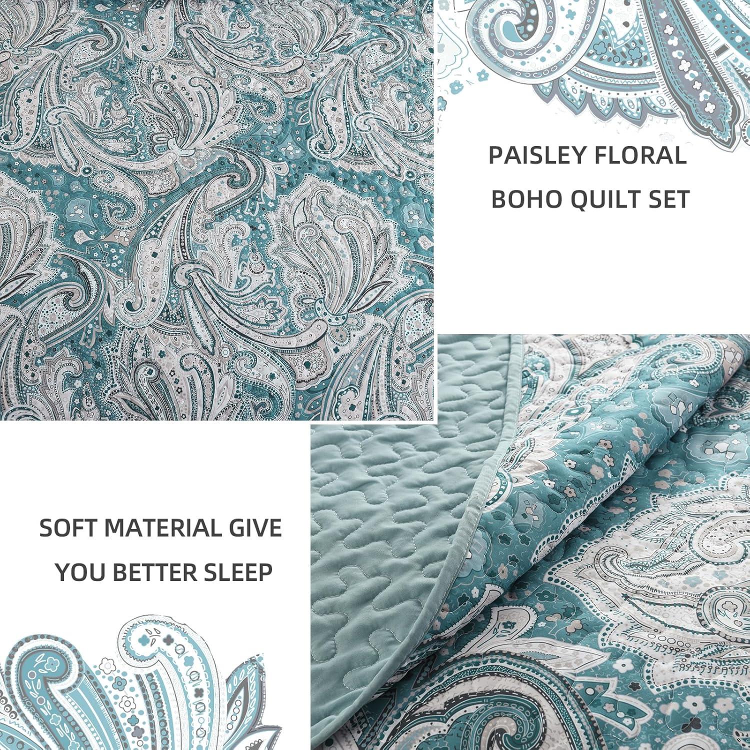 DJY Red Paisley Quilt Set Queen Size Boho Quilt Bedspread Set 3 Pieces, Soft Lightweight Microfiber Coverlet Set Burgundy Paisley Floral Pattern Bedding for All Season, 96''x90''
