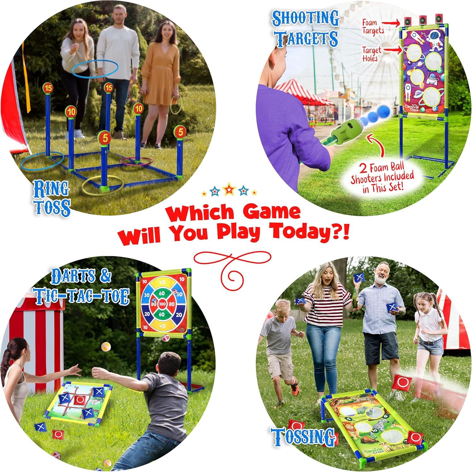 Carnival Yard Games for Kids - Ring Toss, Beanbag Cornhole, Ball Shooting Target Game, Ladder Toss, Darts Board, Tic Tac Toe, Birthday Party Activities, Backyard Outdoor Games and Indoor Family Fun
