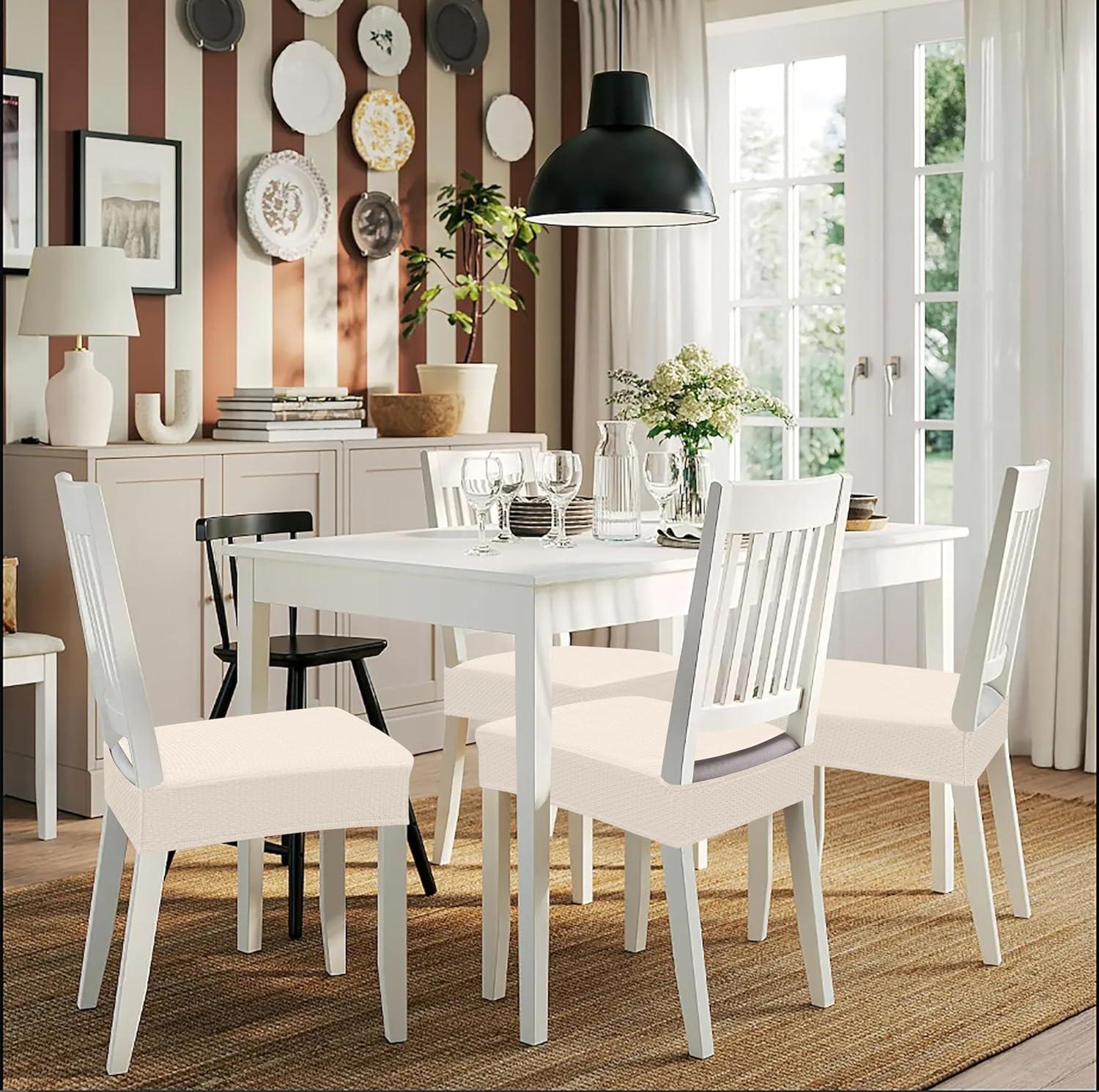 Smiry Dining Chair Seat Covers Stretch Jacquard Chair Slipcover with Ties (Set of 6, Beige)