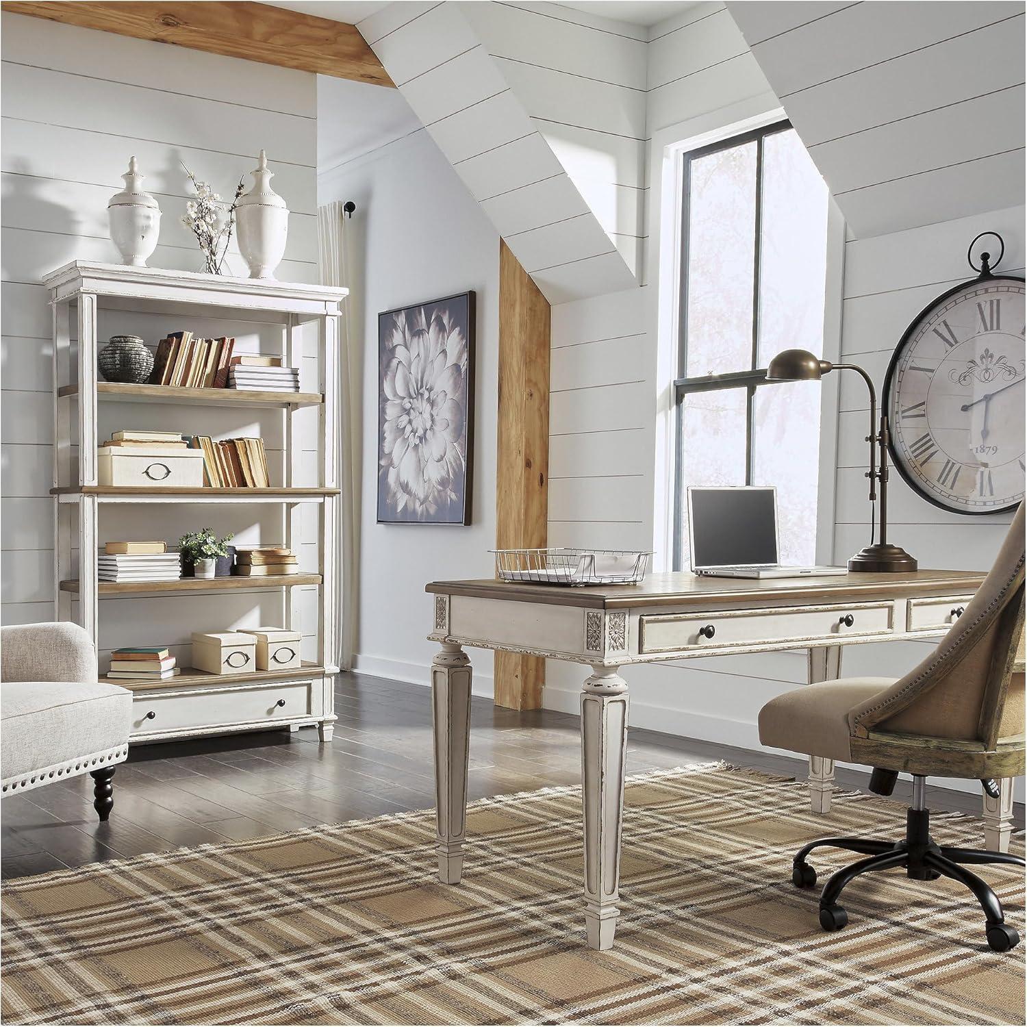 75" Realyn Bookshelf - Signature Design by Ashley: Cottage Style, Antiqued Two-Tone Finish, Open Shelves