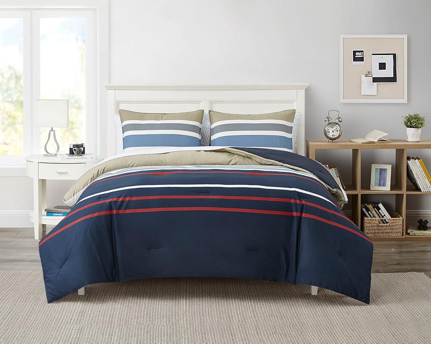 Navy and Red Cotton Full Reversible Bedspread Set