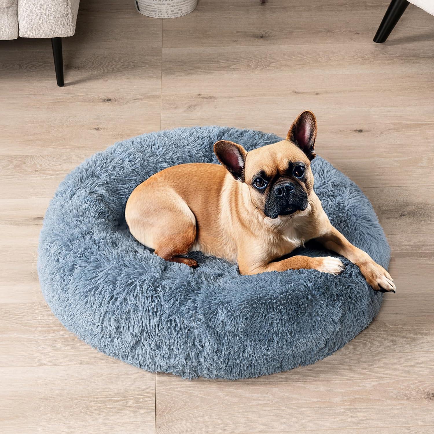PetAmi Calming Dog Bed for Puppy Cat Kitten, Round Washable Pet Bed, Anti Anxiety Cuddler, Fluffy Plush Circular Donut Bed (Dusty Blue, Small - 23")