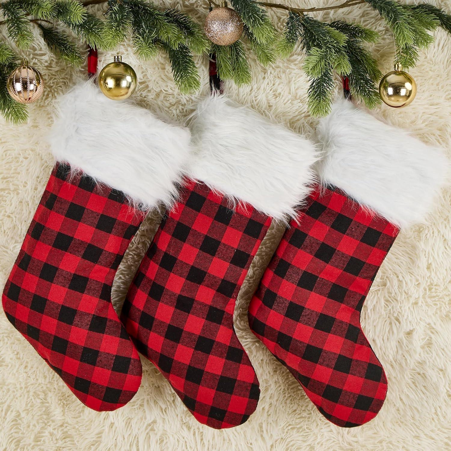 Chirstmas Stockings 3 Pack 18 Inch, Large Buffalo Plaid Xmas Stockings with Faux Fur Cuff, Country Rustic Holiday Indoor Decorations for Family