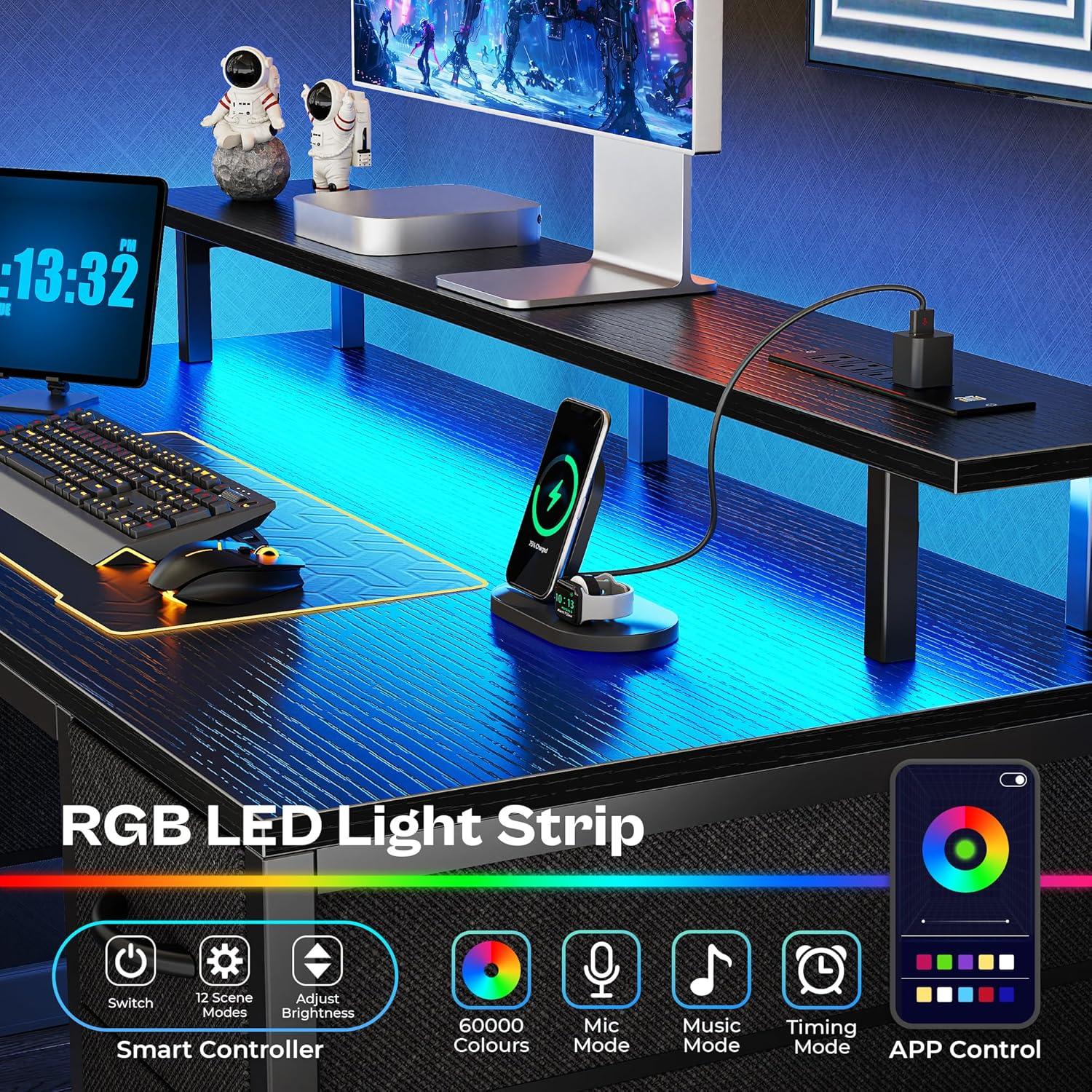 Huuger 55 inch Computer Desk with 4 Drawers, Gaming Desk with LED Lights & Power Outlets, Home Office Desk with Large Storage Space for Bedroom, Work from Home, Black