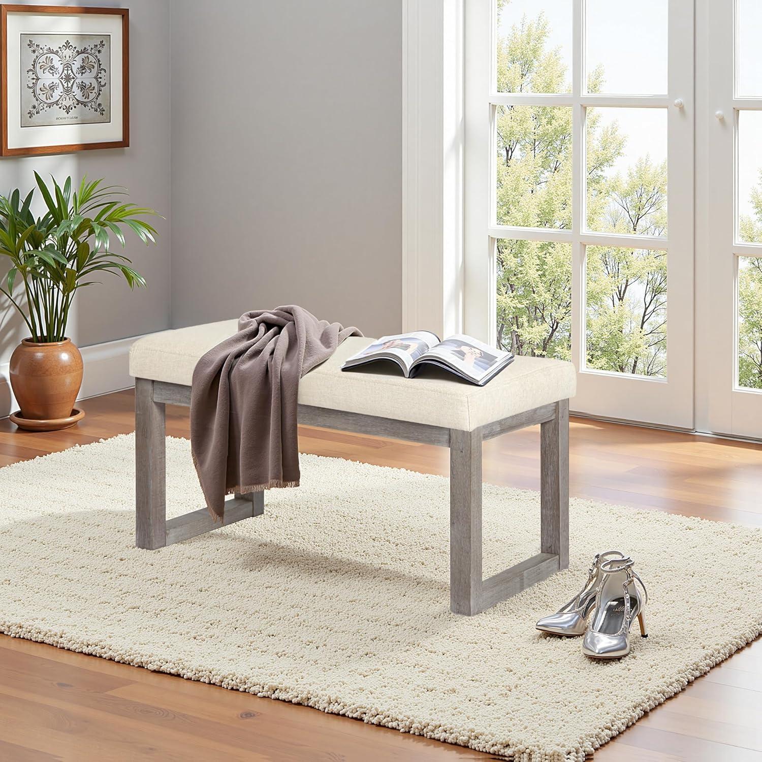 CangLong 27 Inch Wide Ottoman Bench, Rectangle Footstool with Linen Look Fabric and Wood Leg for Entryway, Bedroom & Living Room, Beige