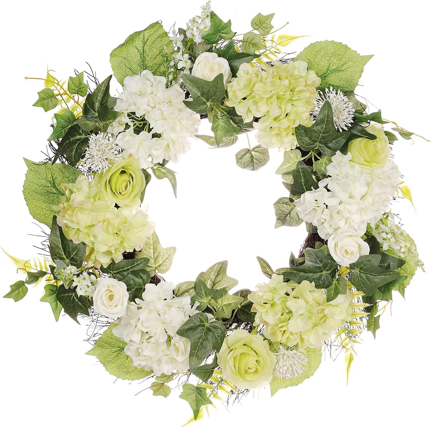 Puleo International 24 in. Artificial Hydrangea, Rose Floral Spring Wreath with Green Leaves