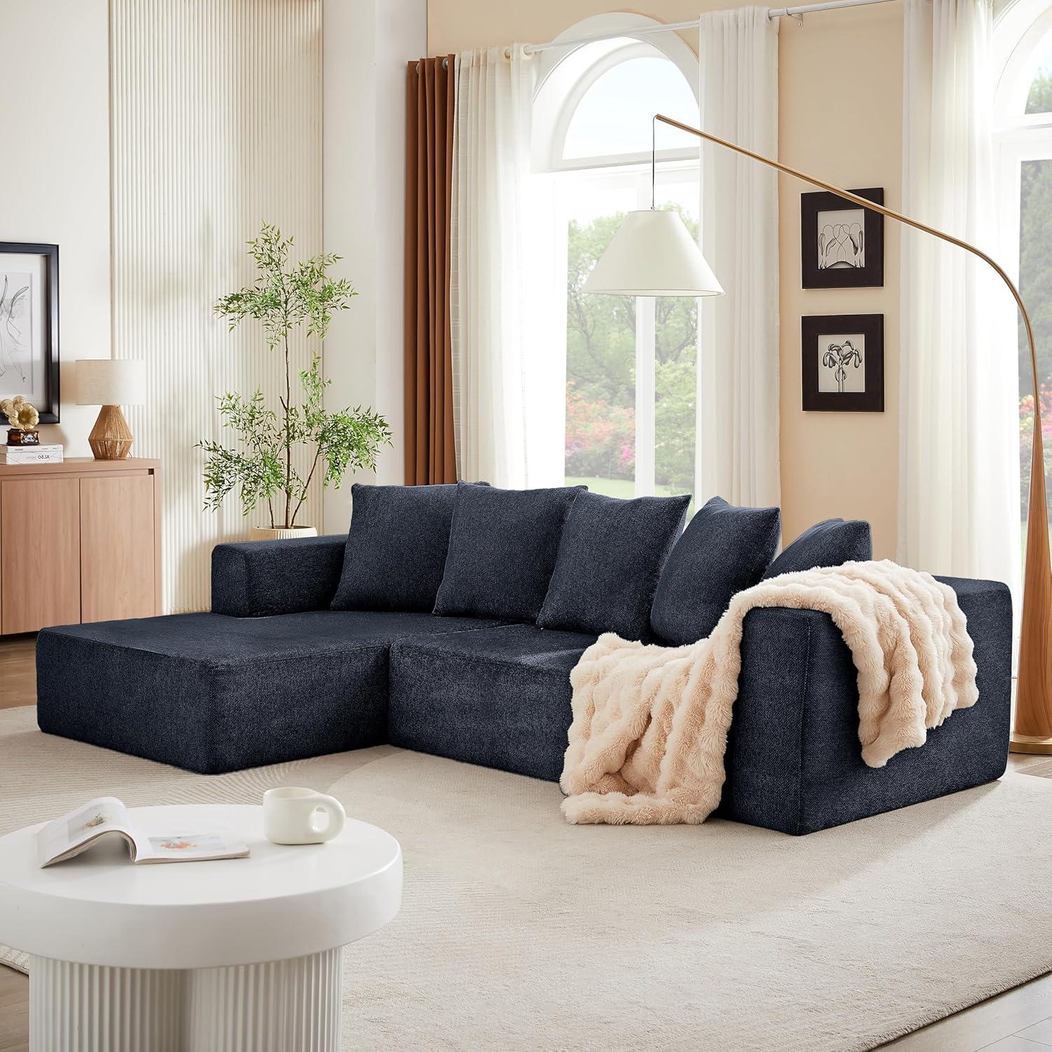 Minimalist Interior Sofa, Upholstered L Shape Cloud Couch, Chenille Modular Sofa Couch with Pillows for Living Room Apartment Studio/No Assembly Require-Left Facing Chaise(Blue)
