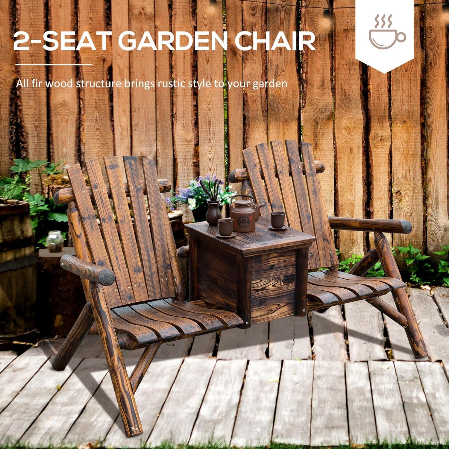 Outsunny Wooden Double Adirondack Chair Loveseat with Inset Ice Bucket, Table, Rustic Look, & Weather-Resistant Varnish