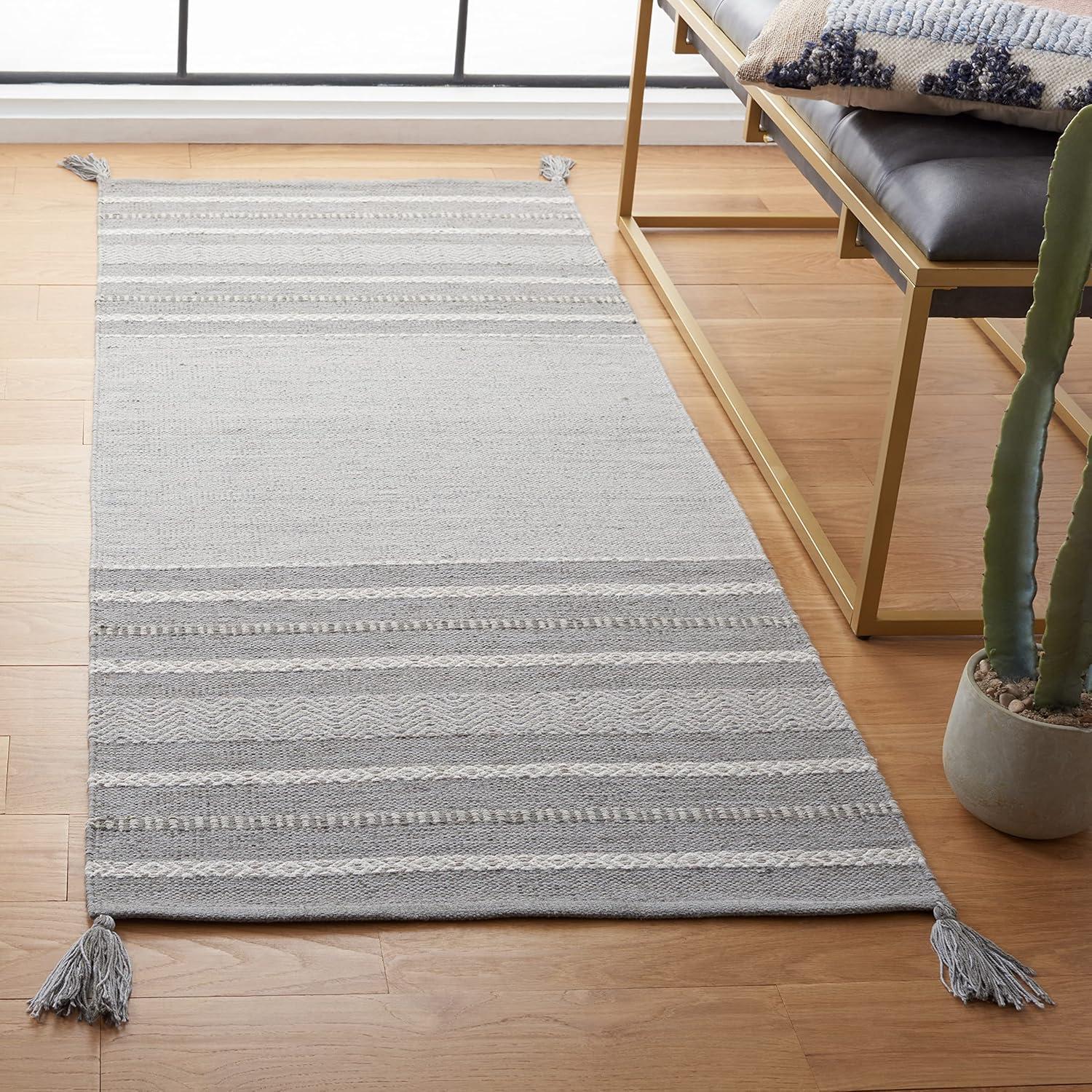 Grey and Ivory Handwoven Cotton Runner Rug