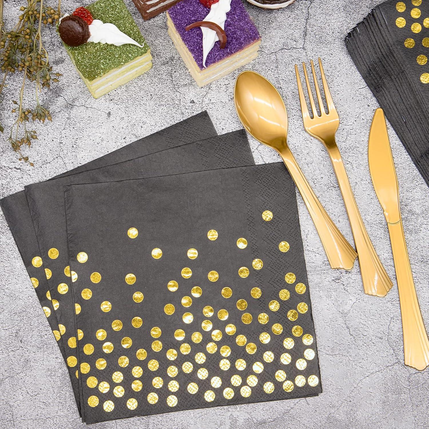 Black and Gold Party Supplies - 350 PCS Disposable Dinnerware Set - Black Paper Plates Napkins Cups, Gold Plastic Forks Knives Spoons for Birthday Christmas Halloween Thanksgiving New Years Eve Party