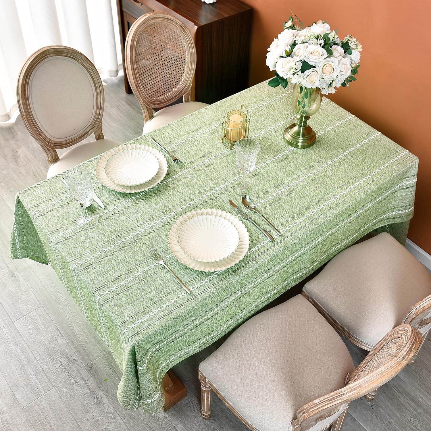 Sage Green Embroidered Cotton Linen Rectangular Tablecloth