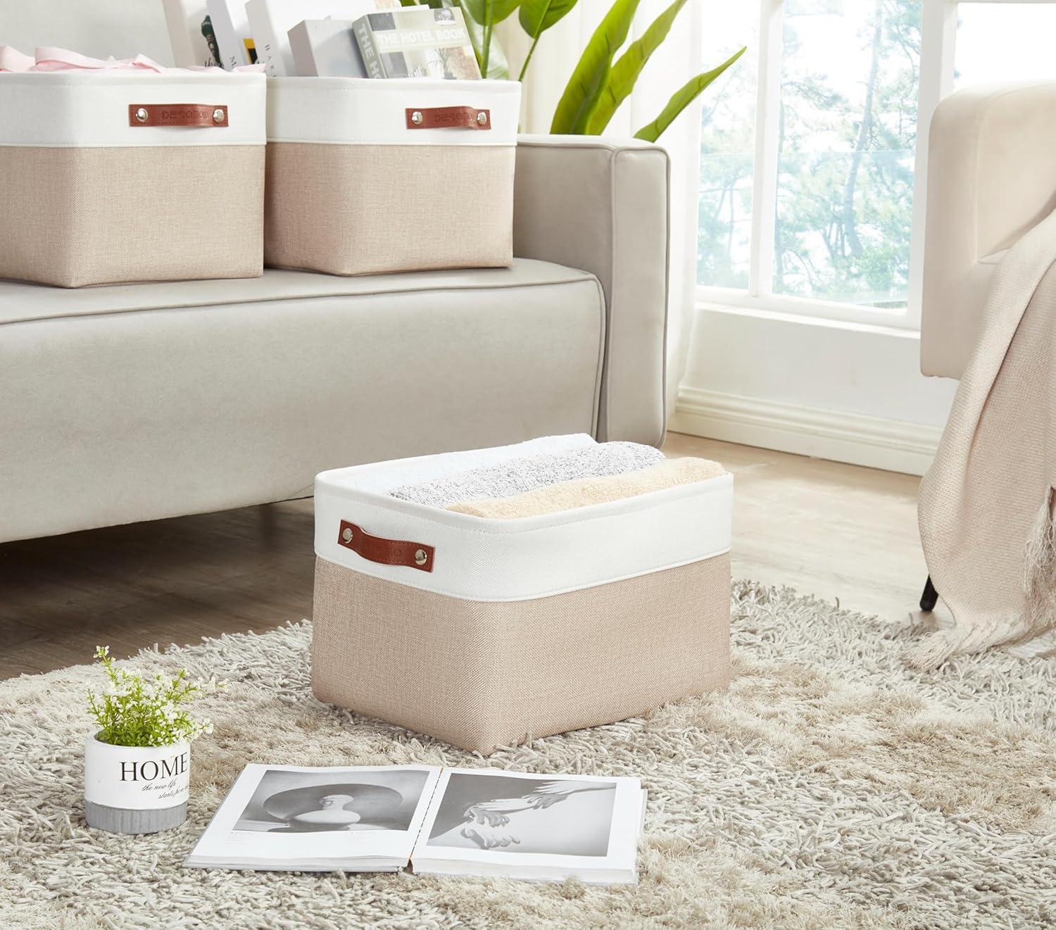 Beige and White Rectangular Fabric Storage Bins with Handles