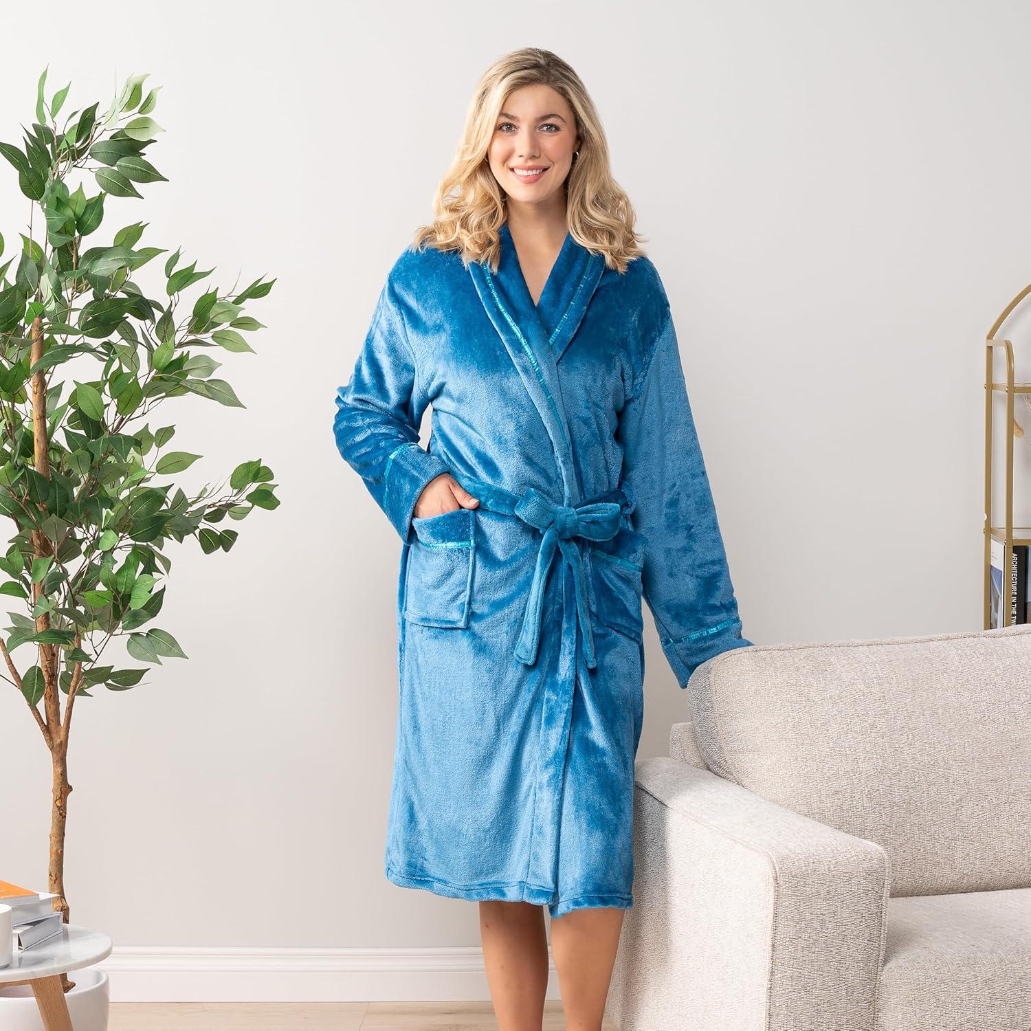 PAVILIA Fleece Robe For Women, Plush Warm Bathrobe, Fluffy Soft Spa Long Lightweight Fuzzy Cozy, Satin Trim