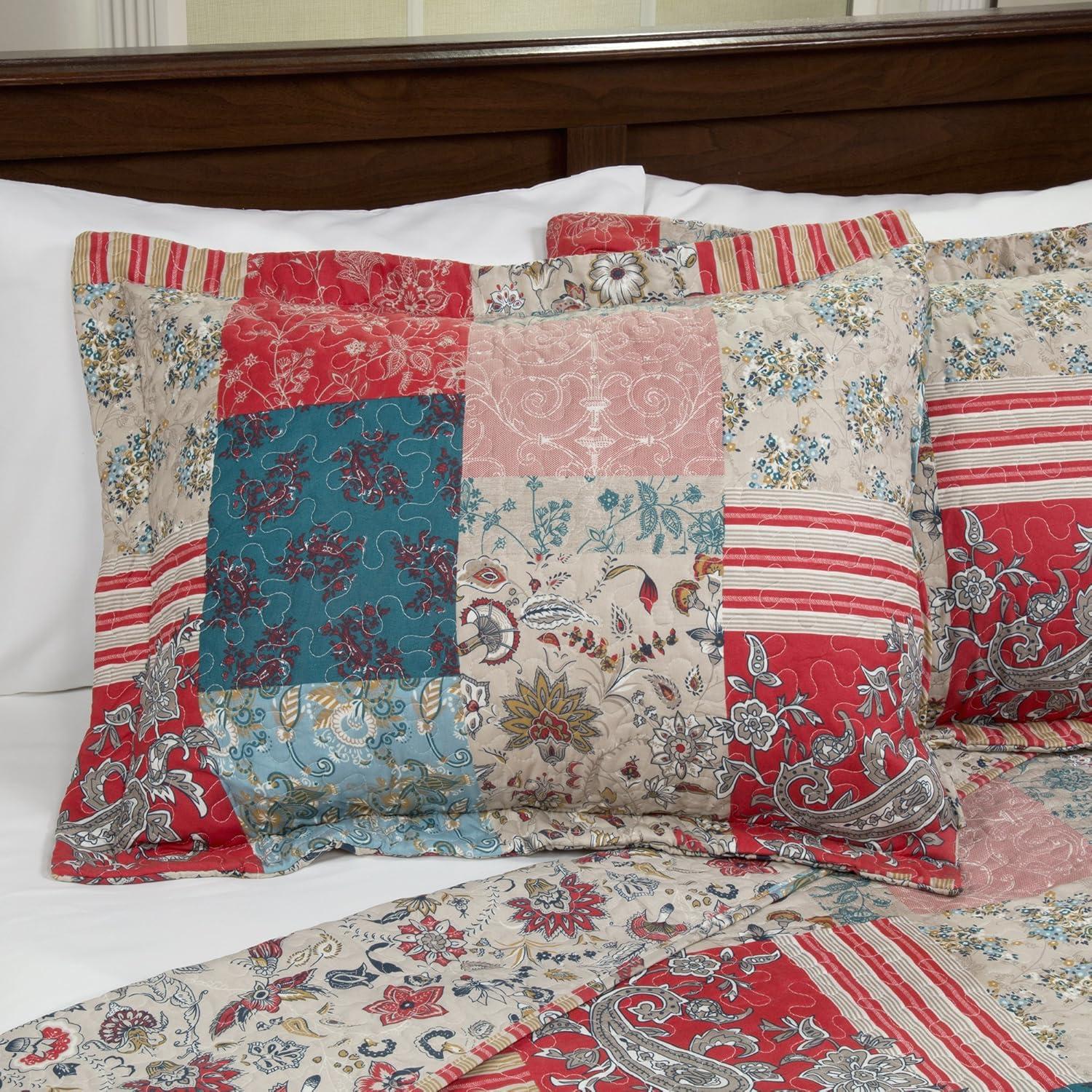 Classic Americana Patchwork Twin Quilt Set in Red and Blue Microfiber