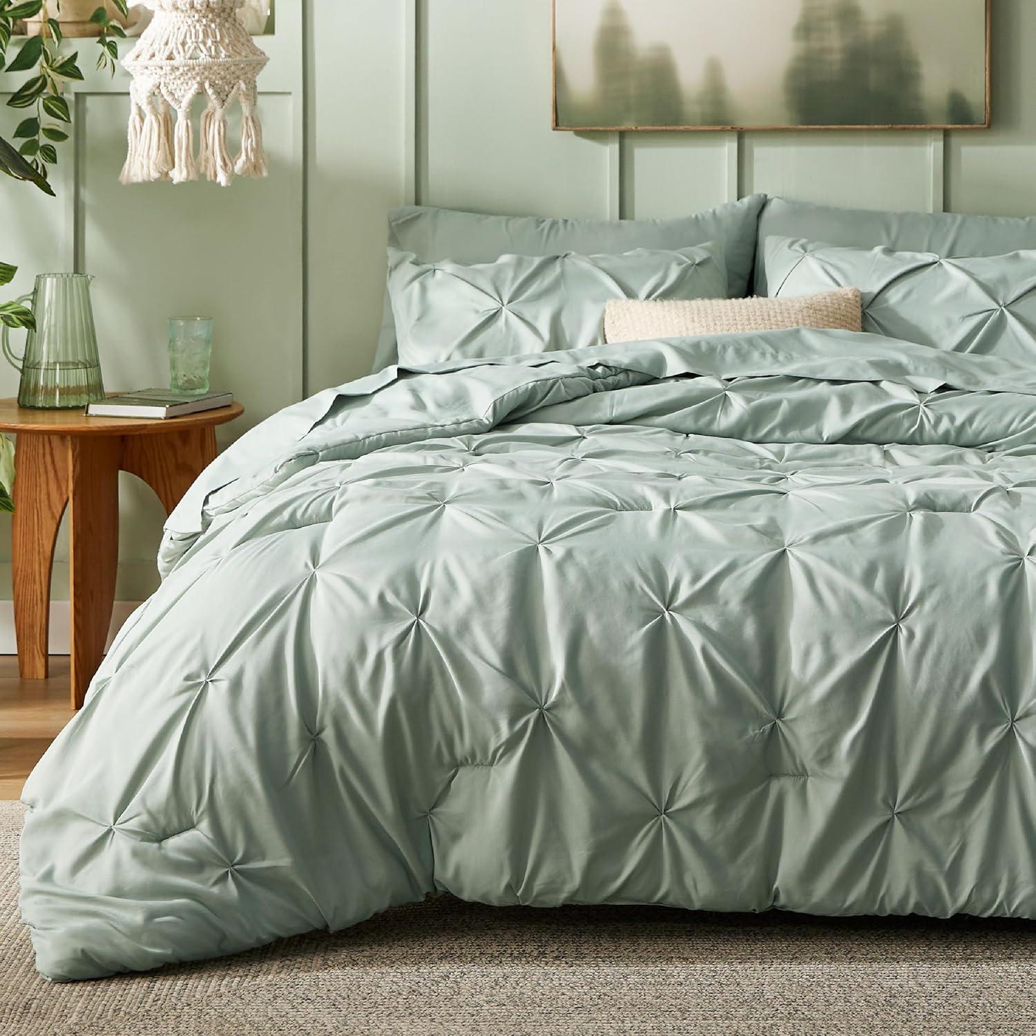 Bedsure Queen Comforter Set Sage Green - Bed in a Bag Queen Size 7 Pieces, GentleSoft™ Pintuck Bed Set Gift for Family, Pinch Pleat Sage Green Comforter with Sheets, Pillowcases & Shams