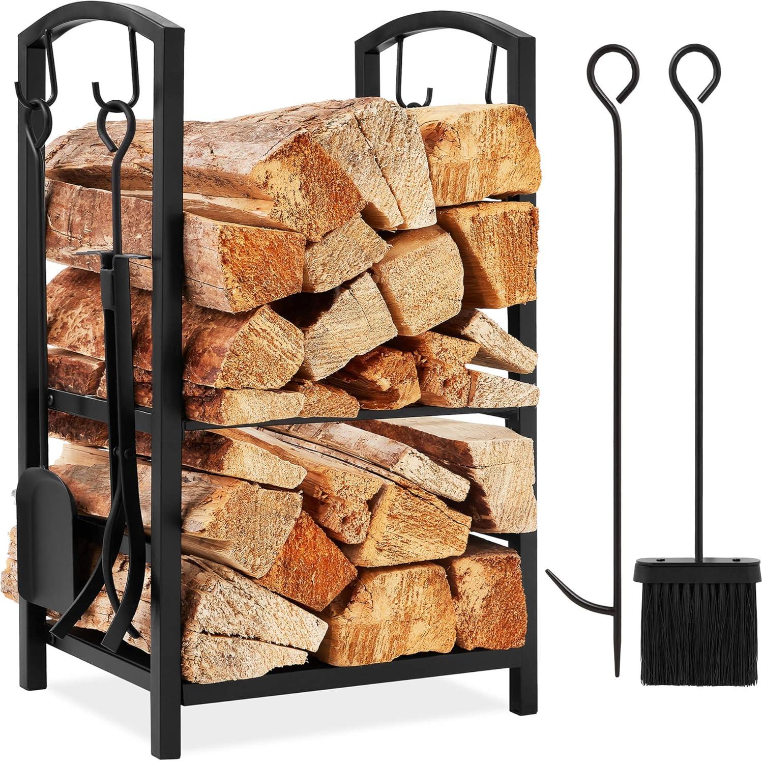 Best Choice Products 5-Piece Firewood Log Rack Holder Tools Set for Fireplace w/ Hook, Broom, Shovel, Tongs