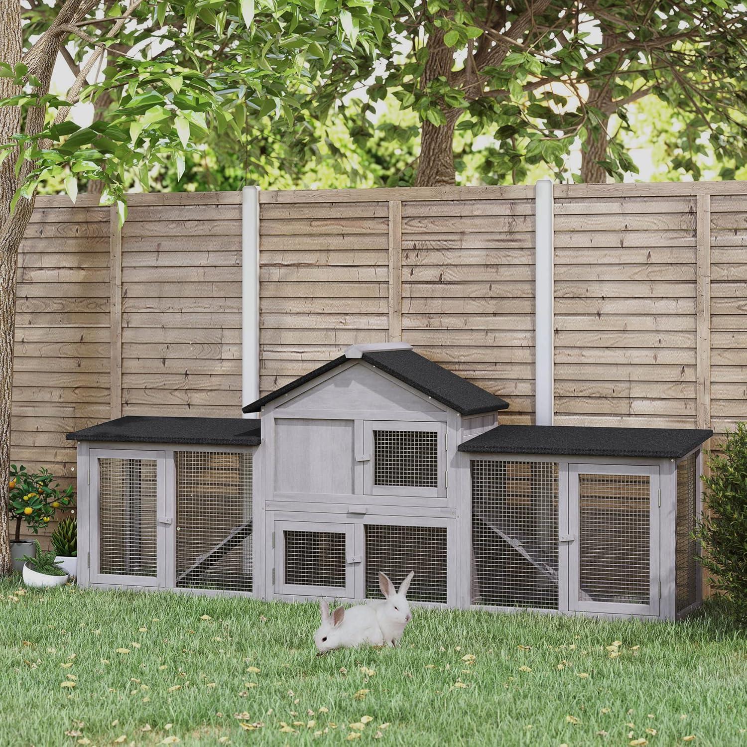 PawHut 83" Wooden Rabbit Hutch Large Bunny Hutch House with Double Run, Removable Tray and Waterproof Roof for Outdoor, Gray