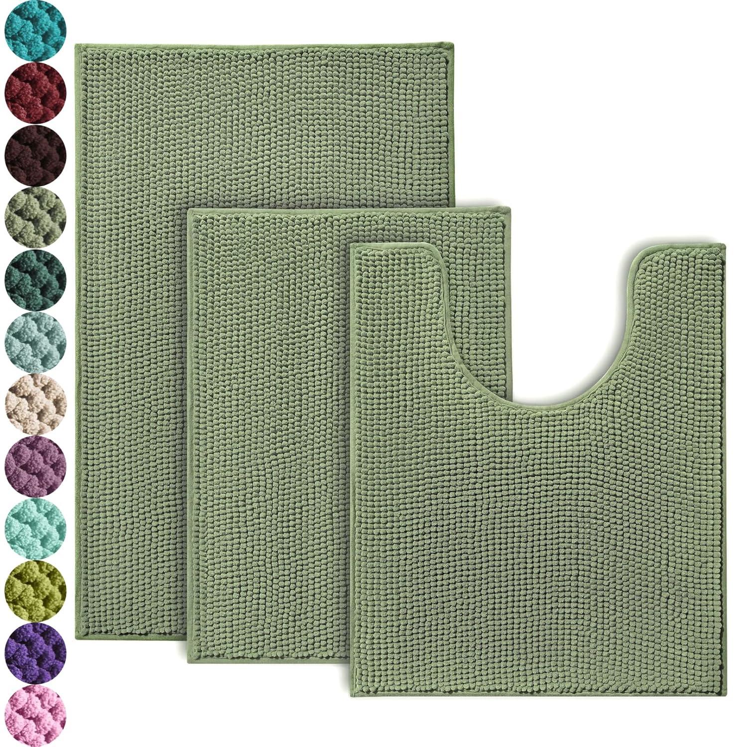 Urvoix Bathroom Rugs Sets 3 Piece, Non-Slip Chenille Bath Rug - Ultra Soft, Washable, Super Absorbent Bath Mat for Bathroom, Toilet and Tub (Sage)