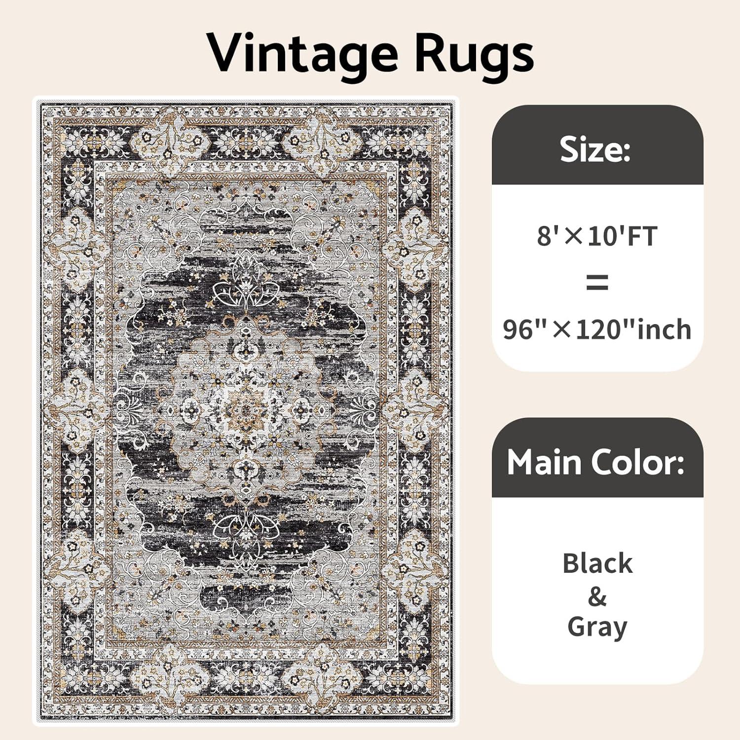 WhizMax 8'x10' Area Rug Vintage Washable Area Rugs Non-Slip Boho Floral Print Rug Persian Distressed Soft Low-Pile Carpet for Dining Room Playroom, Black