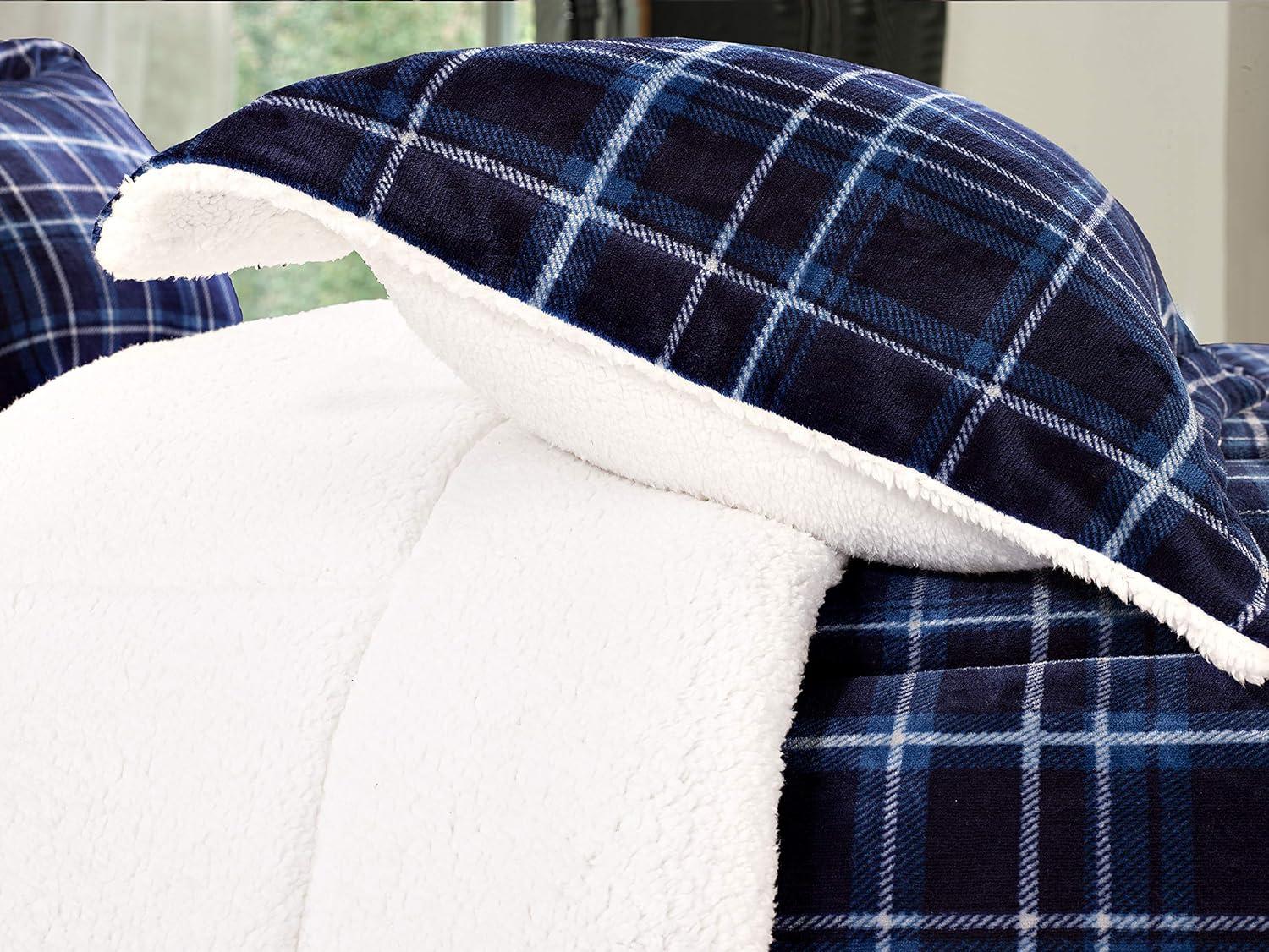 Mocassi Heavy Weight Plaid Pattern 3PC Comforter Set - Micromink Sherpa-Backing, Down Alternative Micro-Suede, 3-Piece Comforter Set, Full/Queen, Navy