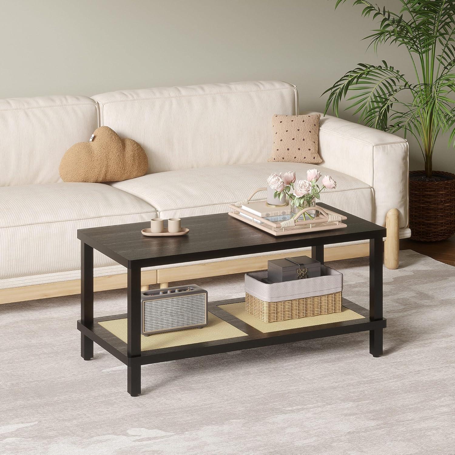 VASAGLE 2-Tier Coffee Table for Living Room, Living Room Table Rectangular Center Table, with PVC Rattan Storage Shelf, Rounded Corners, Easy Assembly, Boho Style, Ash Black ULCT240B21