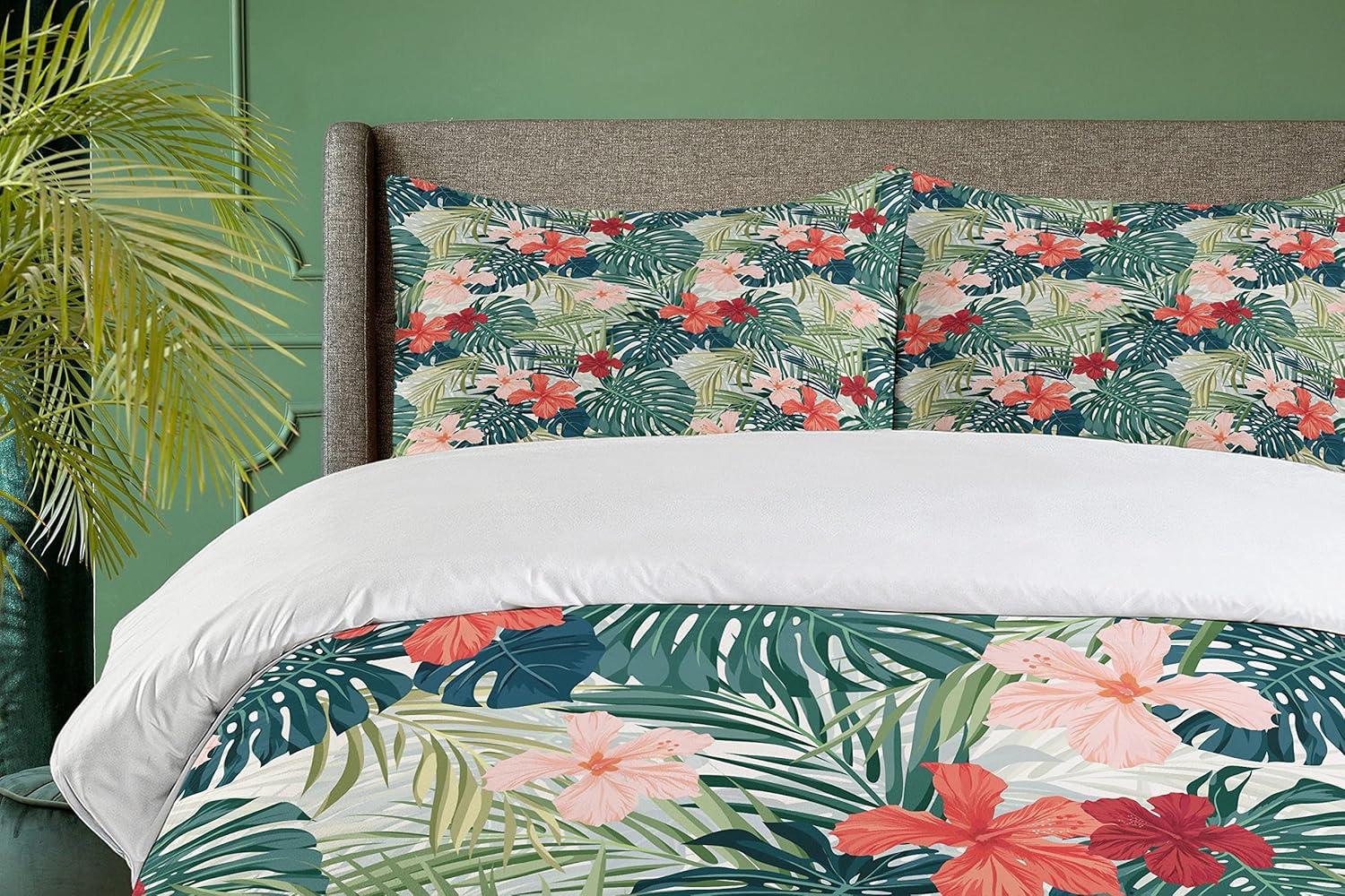 Leaf Duvet Cover Set Twin Size, Summer Beach Holiday Themed Hibiscus Plumeria Crepe Ginger Flowers, Decorative 2 Piece Bedding Set with 1 Pillow Sham, Pink Red Green and Dark Green, by Ambesonne