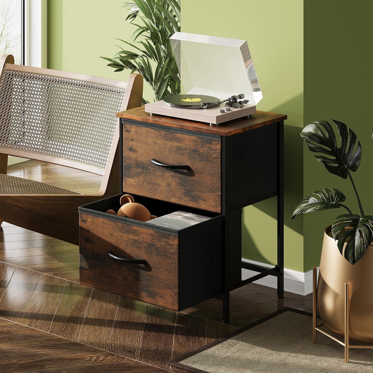 Dresser with 2 Drawers, Fabric Nightstand, Tall Dresser for Bedroom, Storage Chest of Drawers with Wood Top, Bedside Table, Rustic Brown