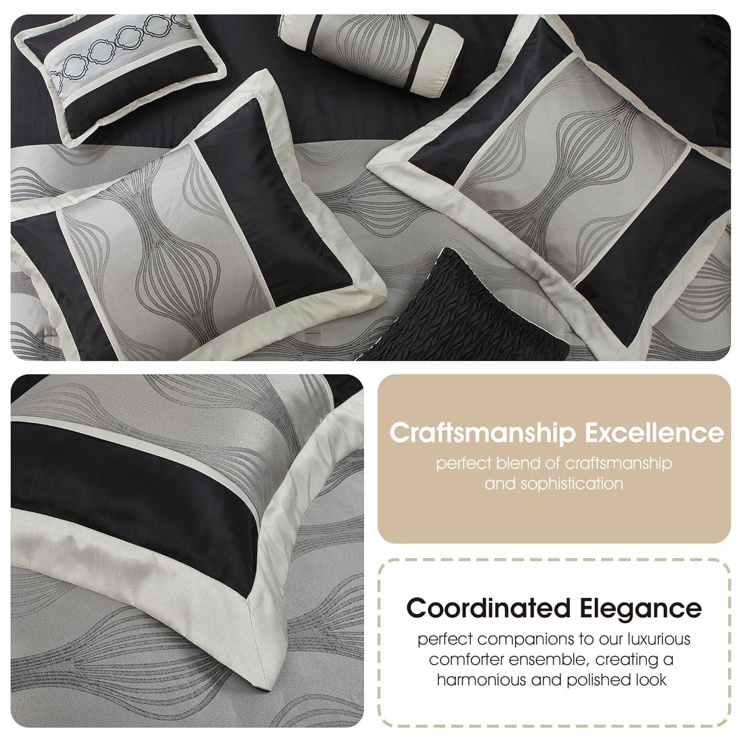 Lanco Black and Silver Comforter Set Queen Size, 7 Pieces Bedding & Collection, Jacquard All Season Comforter & Pillows, Ultra-Soft Microfiber