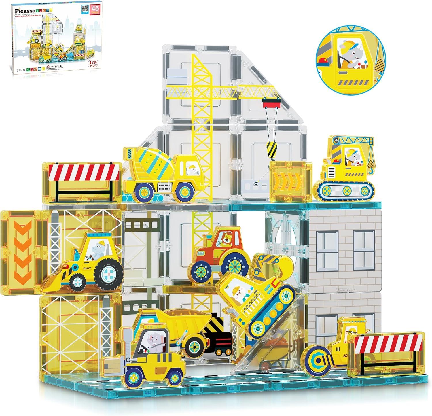 Picasso-TILES 45 PC Construction Themed, Magnetic Tiles, Magnetic Building Blocks for Kids, Magnet for Kids 3+