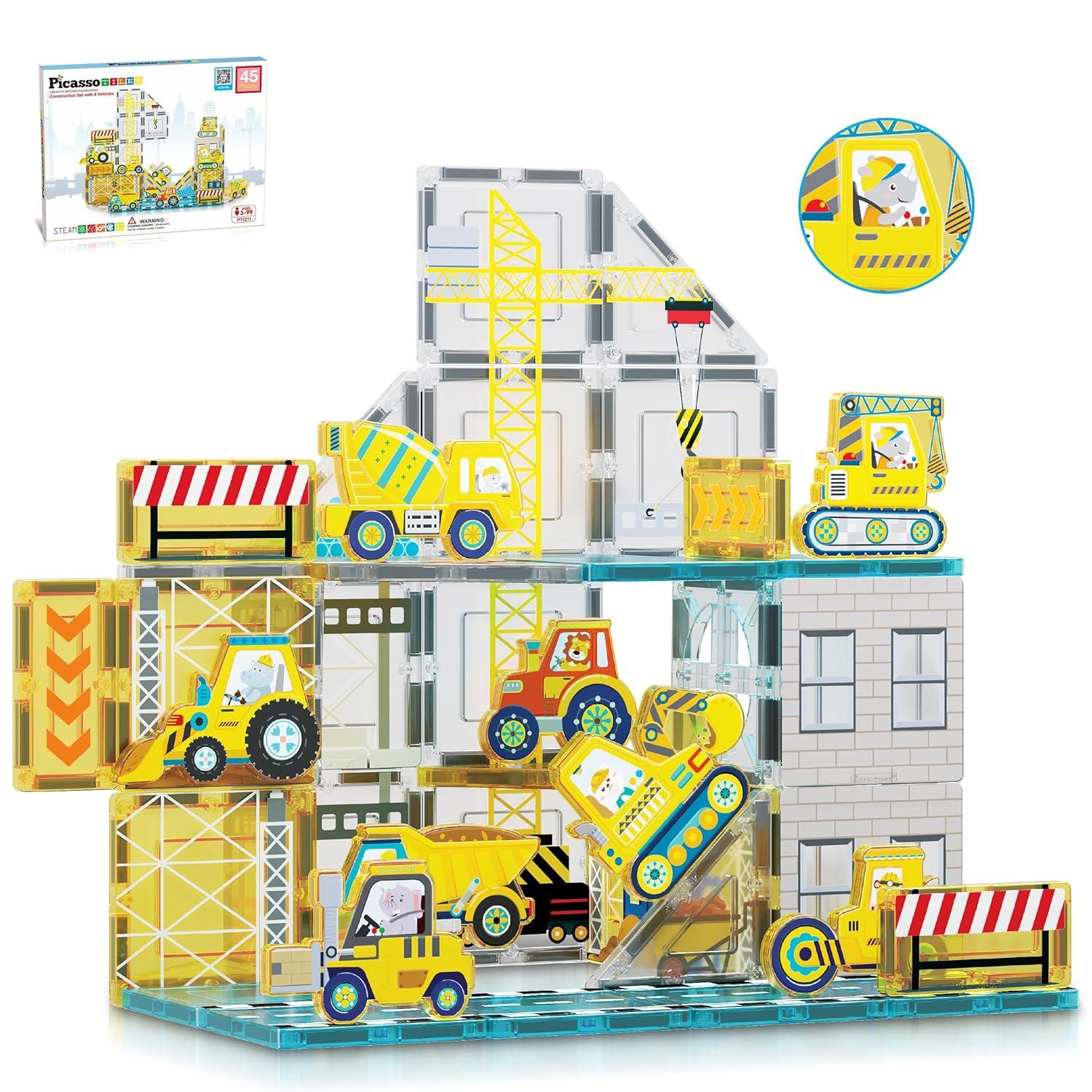 Picasso-TILES 45 PC Construction Themed, Magnetic Tiles, Magnetic Building Blocks for Kids, Magnet for Kids 3+