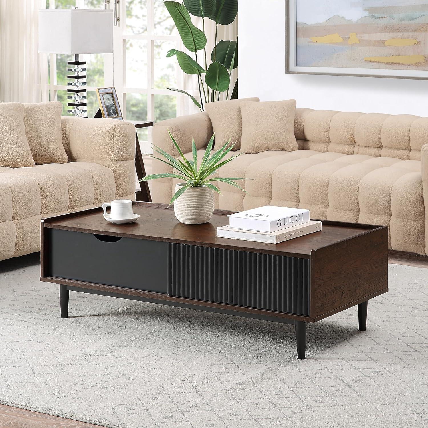 Manhattan Comfort Duane Ribbed Coffee Table with Drawer and Shelf Dark Brown/Black: Rectangular, MDF, Living Room Furniture