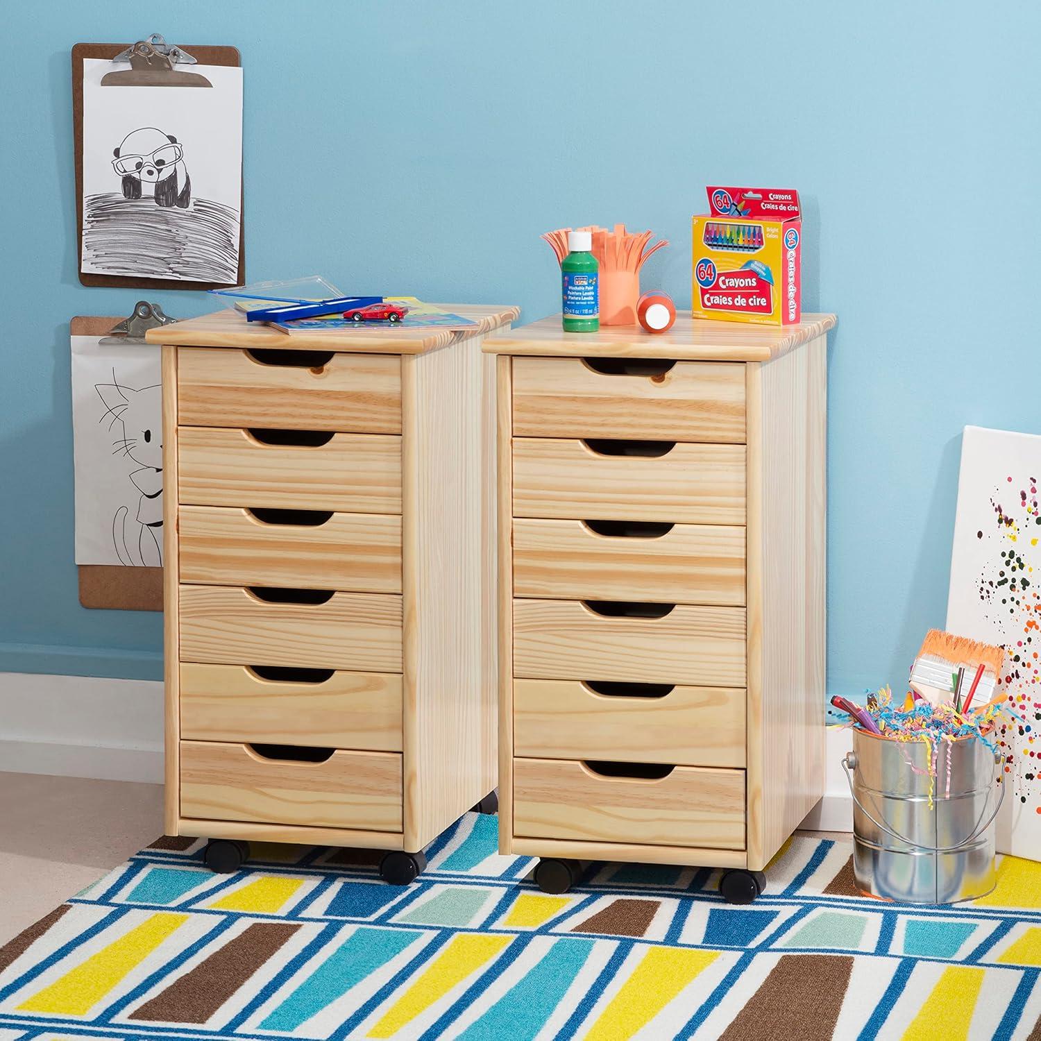 Natural Pine Six Drawer Rolling Storage Cart