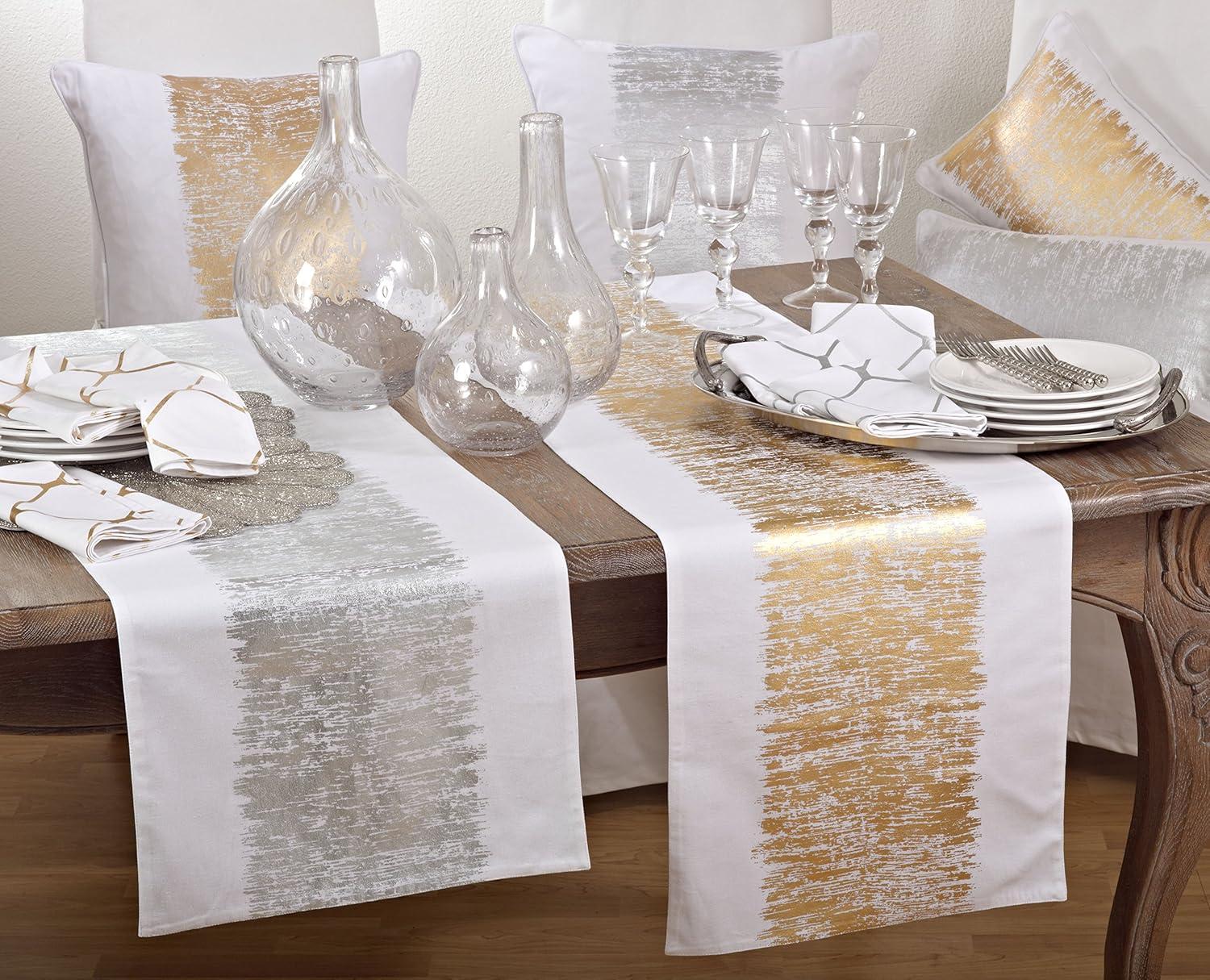 Gold Metallic Banded Cotton Table Runner, 16" x 54"