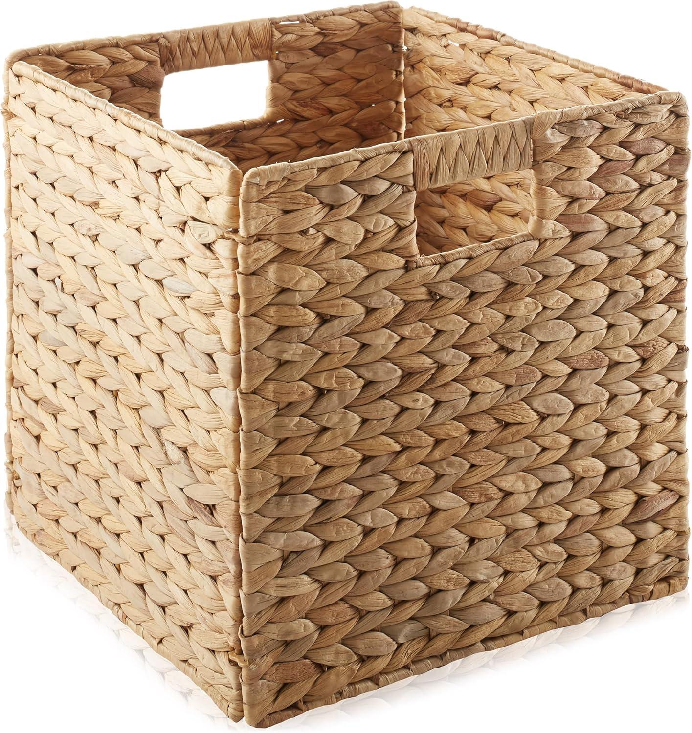 Casafield 12" x 12" Water Hyacinth Storage Baskets - Set of 2 Collapsible Cubes, Woven Bin Organizers for Bathroom, Bedroom, Laundry, Pantry, Shelves