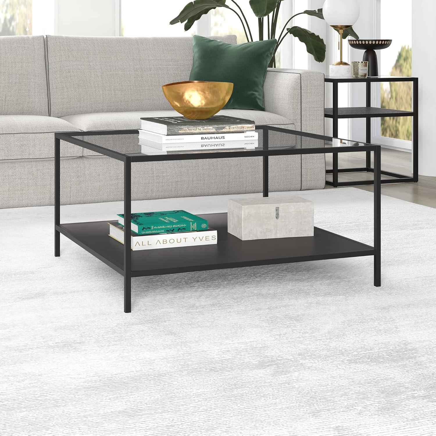 Evelyn&Zoe Sivil Square 32" Wide Coffee Table with Metal Shelf, Blackened Bronze