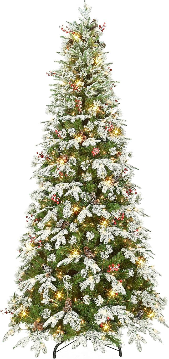 7.5 ft Pre-Lit White Spruce Christmas Tree with Lights and Pine Cones