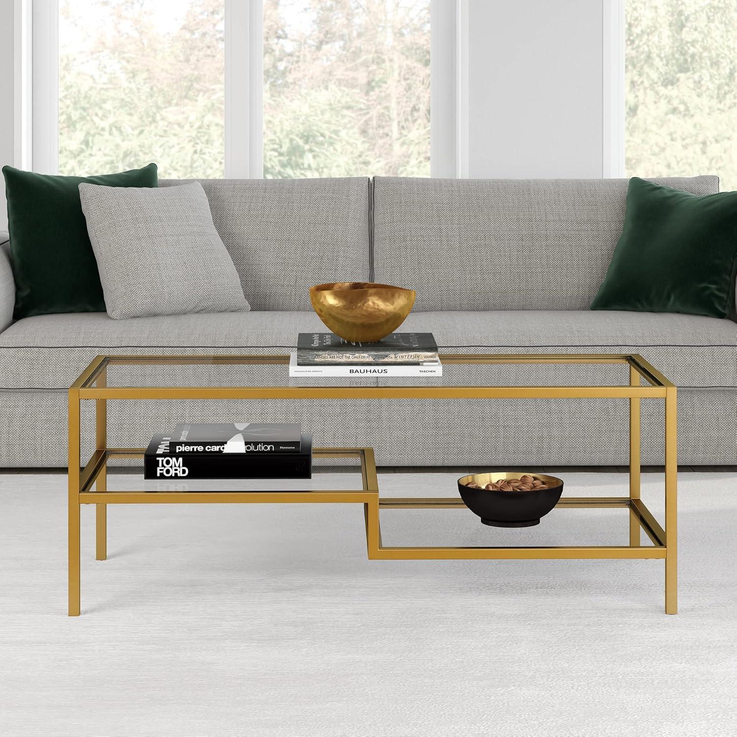 Contemporary Brass and Glass Double-Tiered Coffee Table