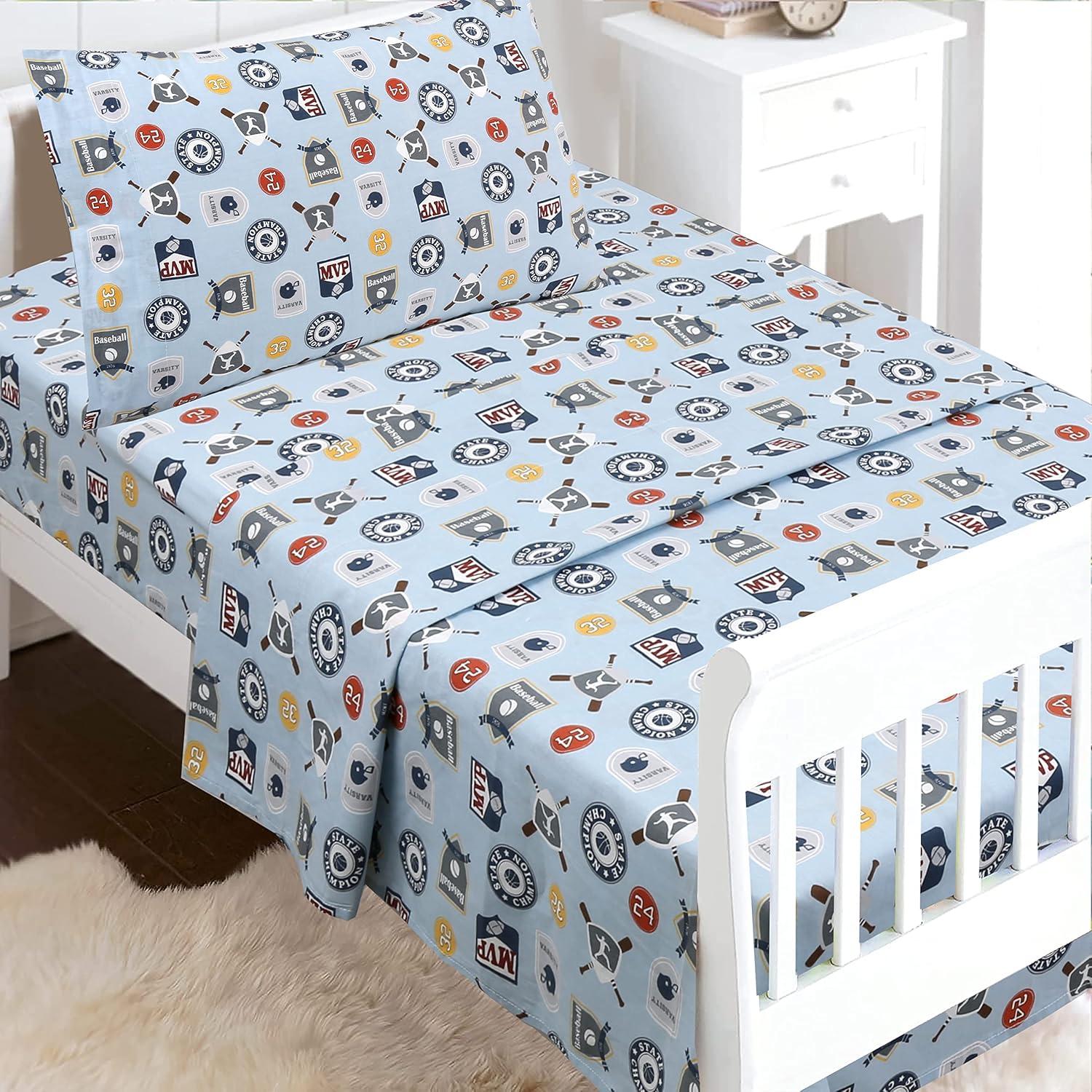 MVP Sports #32 #24 Basketball Baseball Football 3 Piece Multicolor Blue Cotton Toddler Sheet Set
