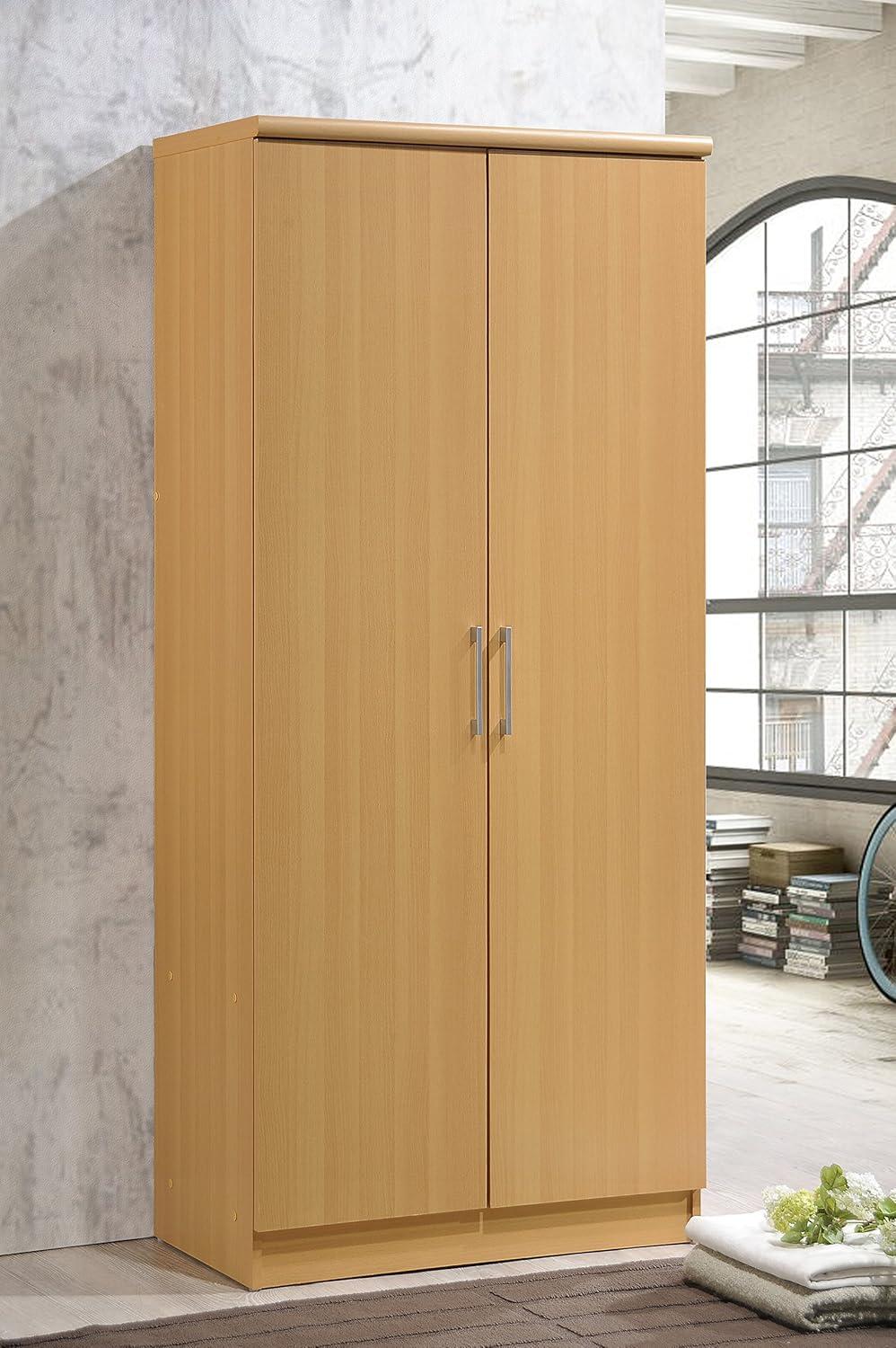 Beech 2-Door Wardrobe with Mirror and Garment Rod