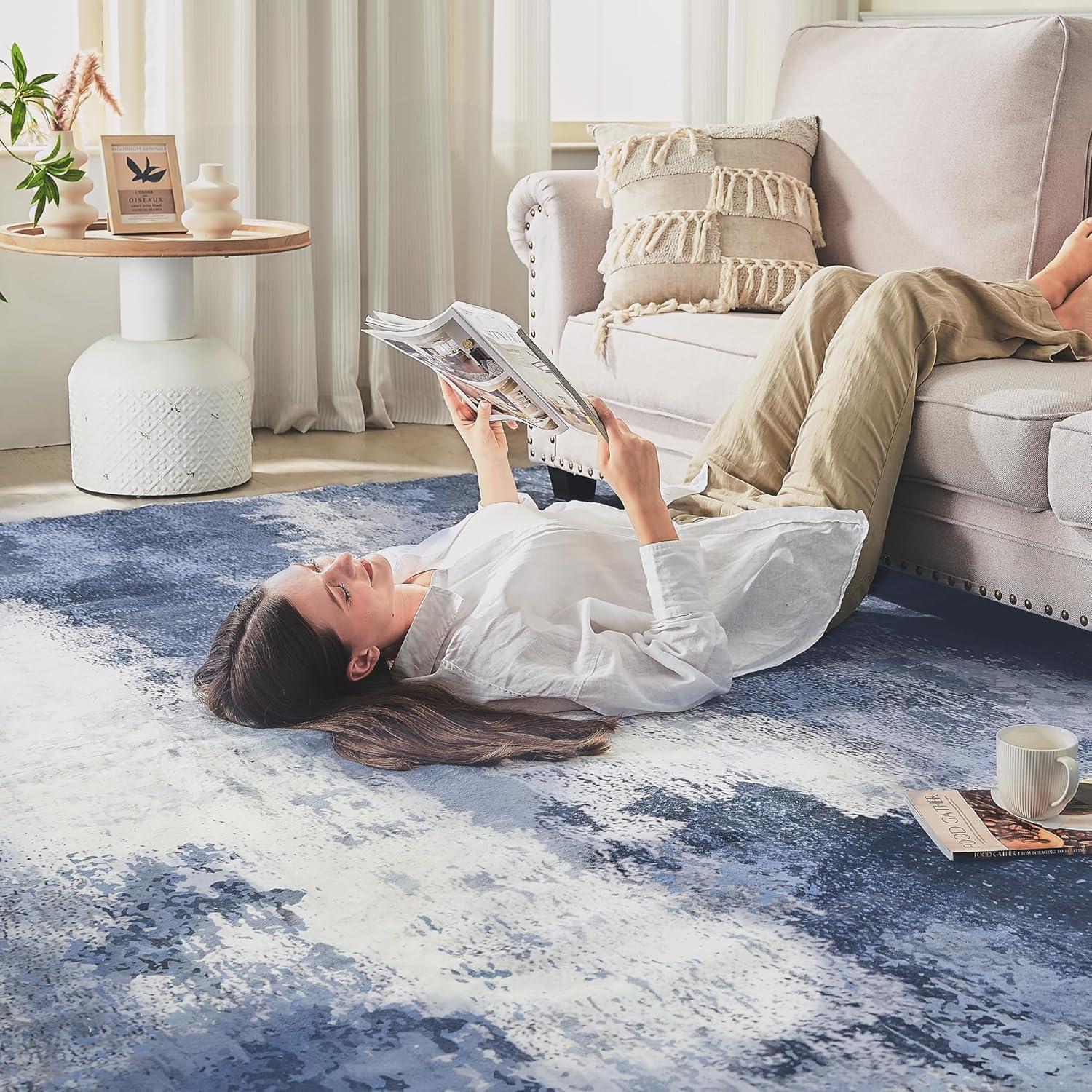 WhizMax 5'x7' Modern Blue Abstract Area Rug Machine Washable Contemporary Rug Soft Foldable Thin Accent Rug Anti-Slip Non-Shedding Floor Carpet