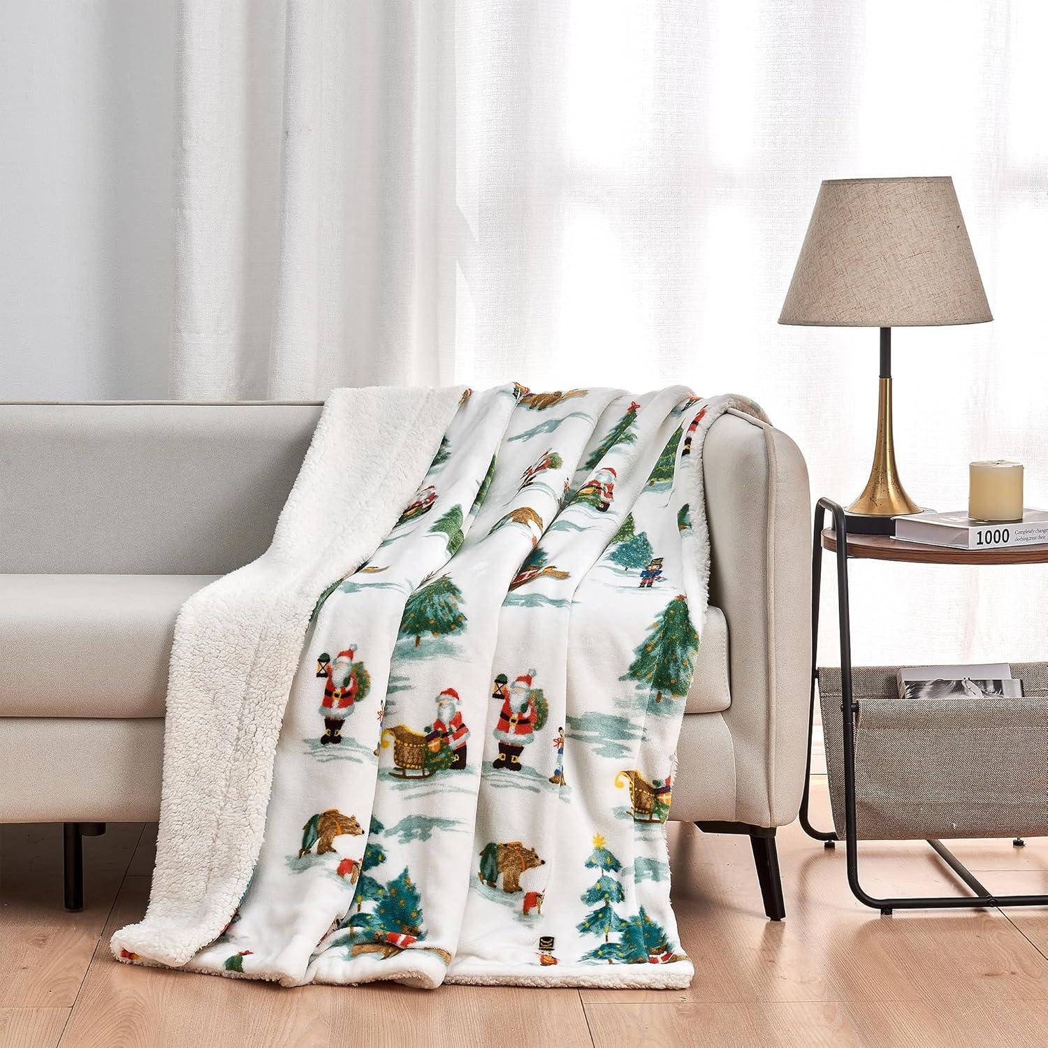 Holiday-Printed Plush Throw Blanket - Great Bay Home (50" x 60", Watercolor Santa and Friends)