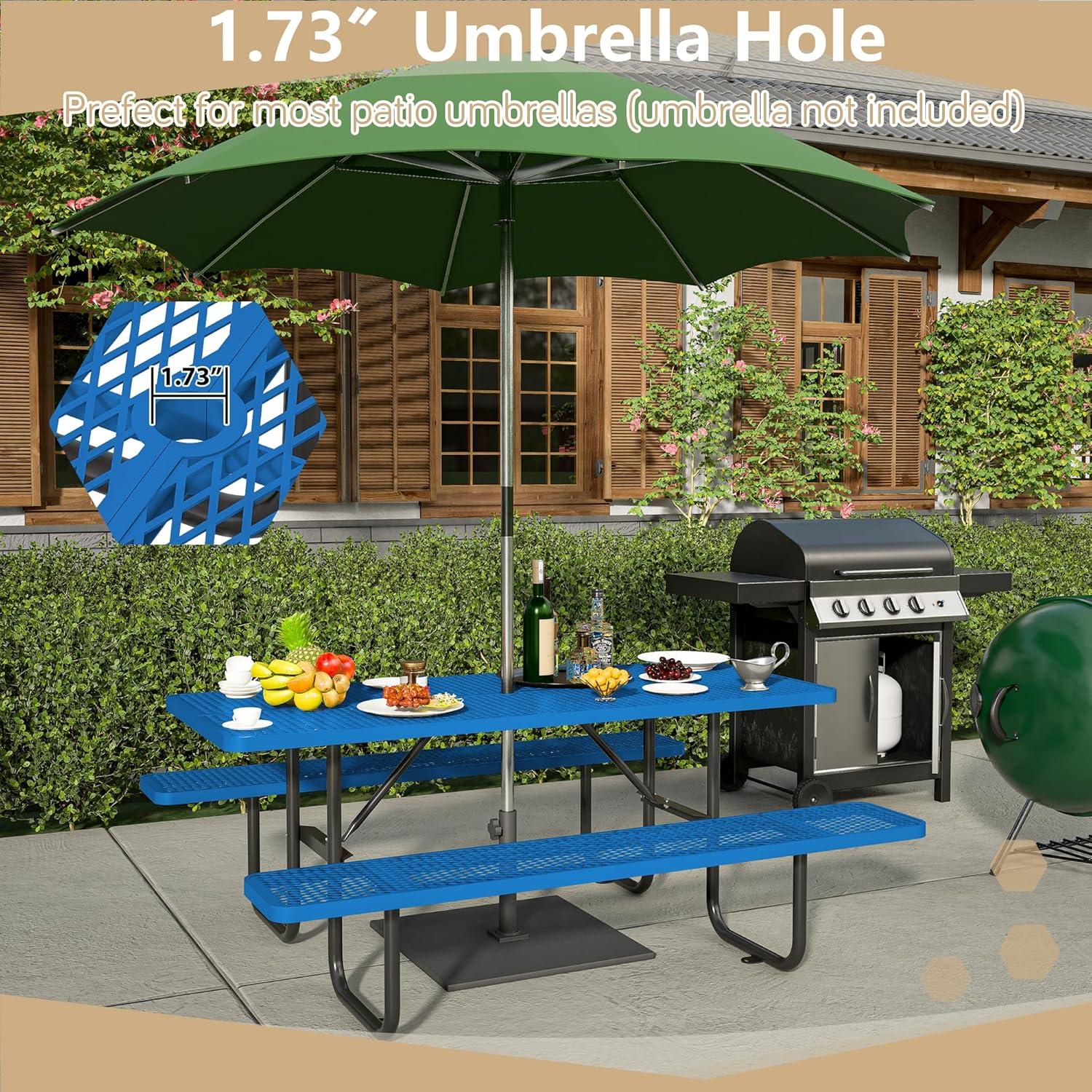 72'' Blue Rectangular Steel Outdoor Picnic Table with Umbrella Hole