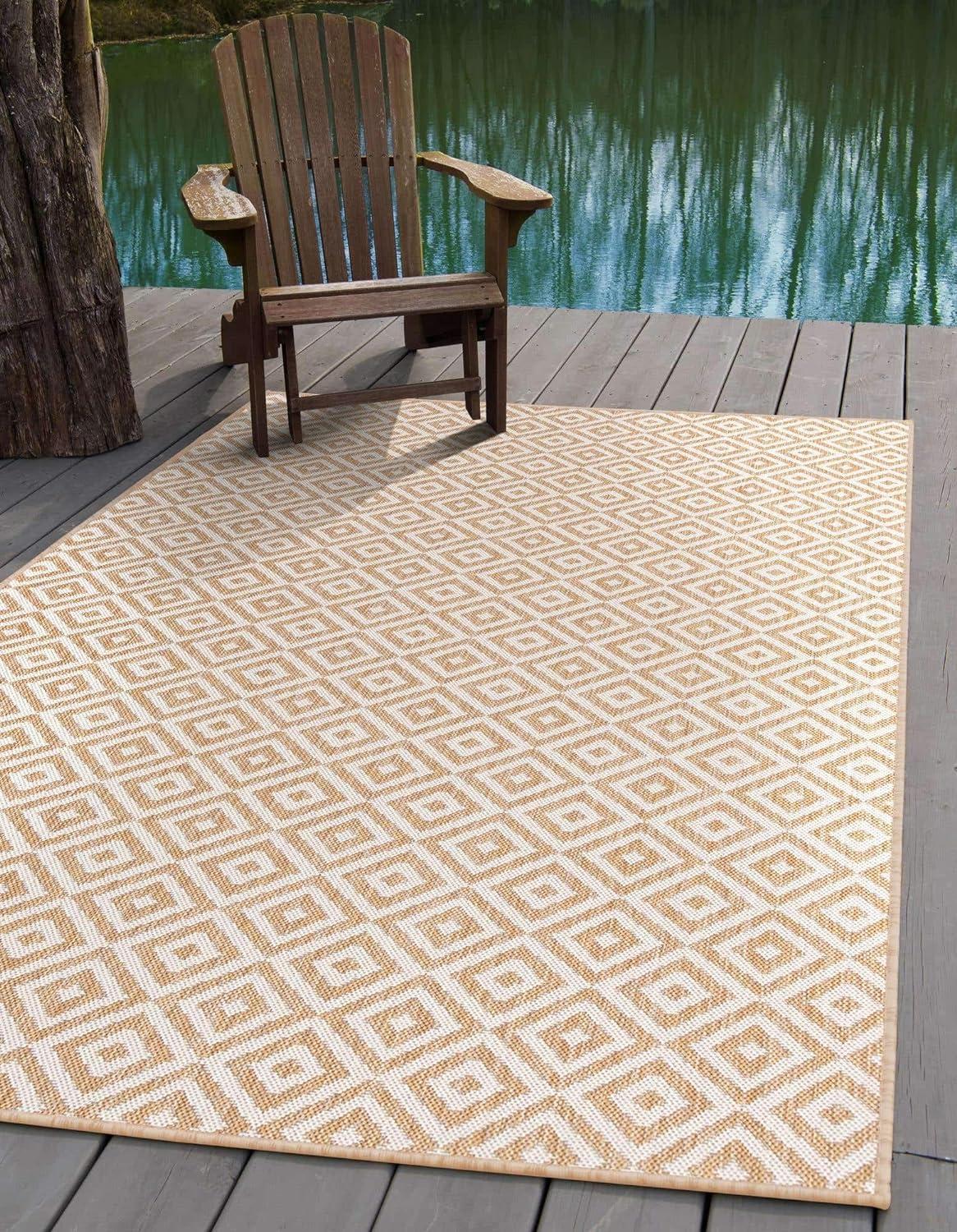 Beige Geometric 9' x 12' Easy-Care Outdoor Synthetic Rug