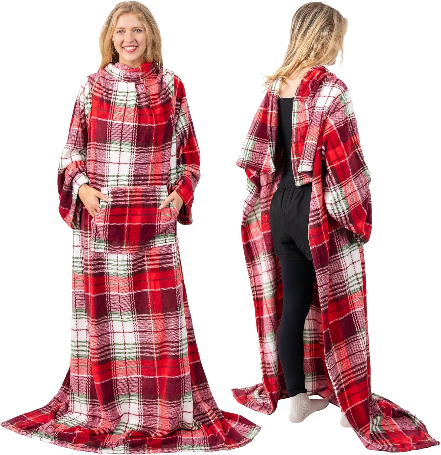 PAVILIA Premium Fleece Blanket with Sleeves for Women Men Adult, Wearable Blanket Warm Cozy, Super Soft Sleeved Throw with Arm, Gift for Women Mom Wife (Christmas Plaid, Kangaroo Pocket)