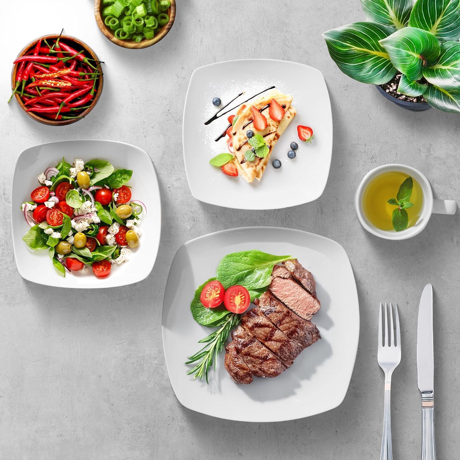 Zulay Kitchen Luna Dinnerware Set, 16 Piece Modern Porcelain Dish Set for 4, Chip and Scratch Resistant Square Plates and Bowls Sets, Microwave and Dishwasher Safe, Pearl White