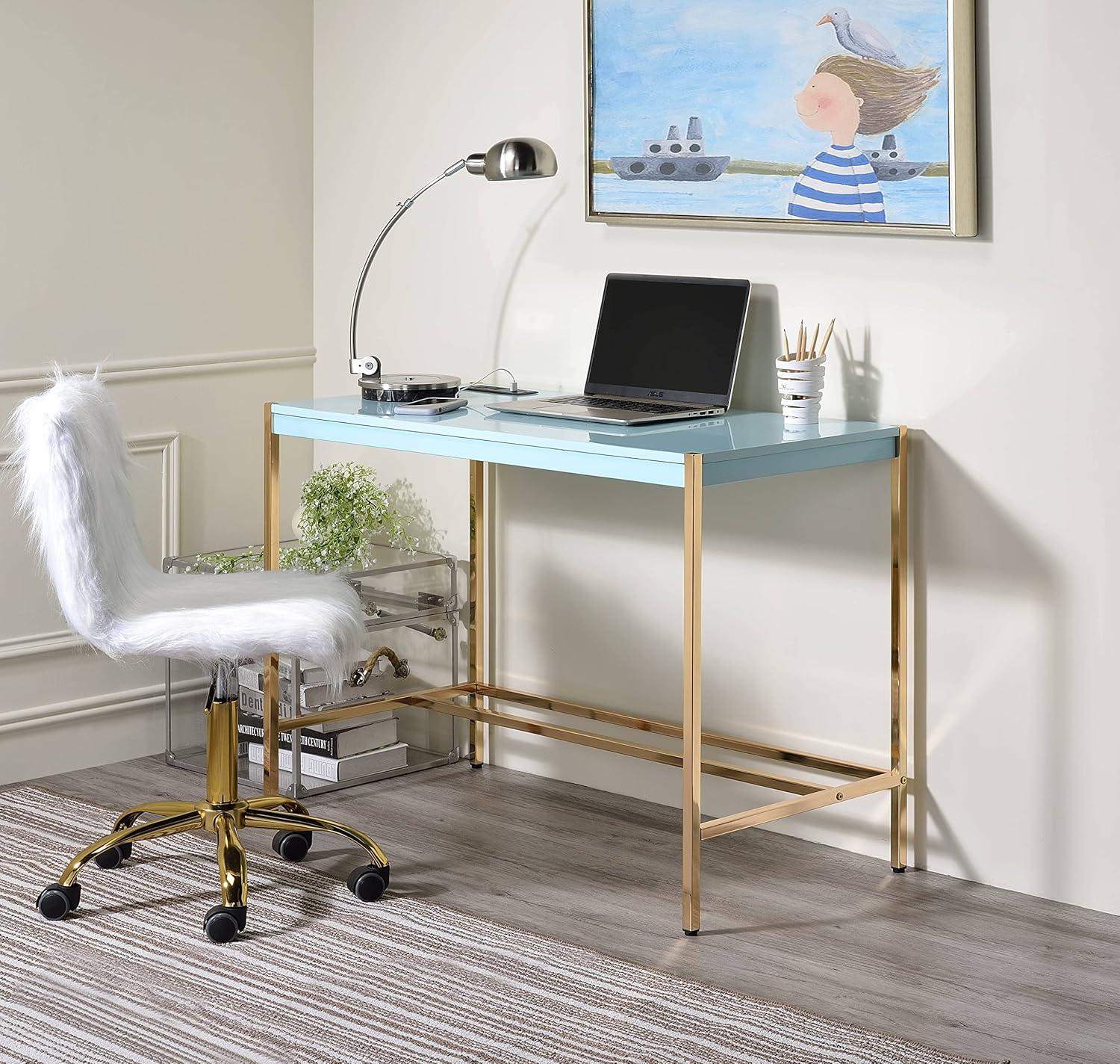 Elegant Baby Blue & Gold Writing Desk with USB & Filing Cabinet