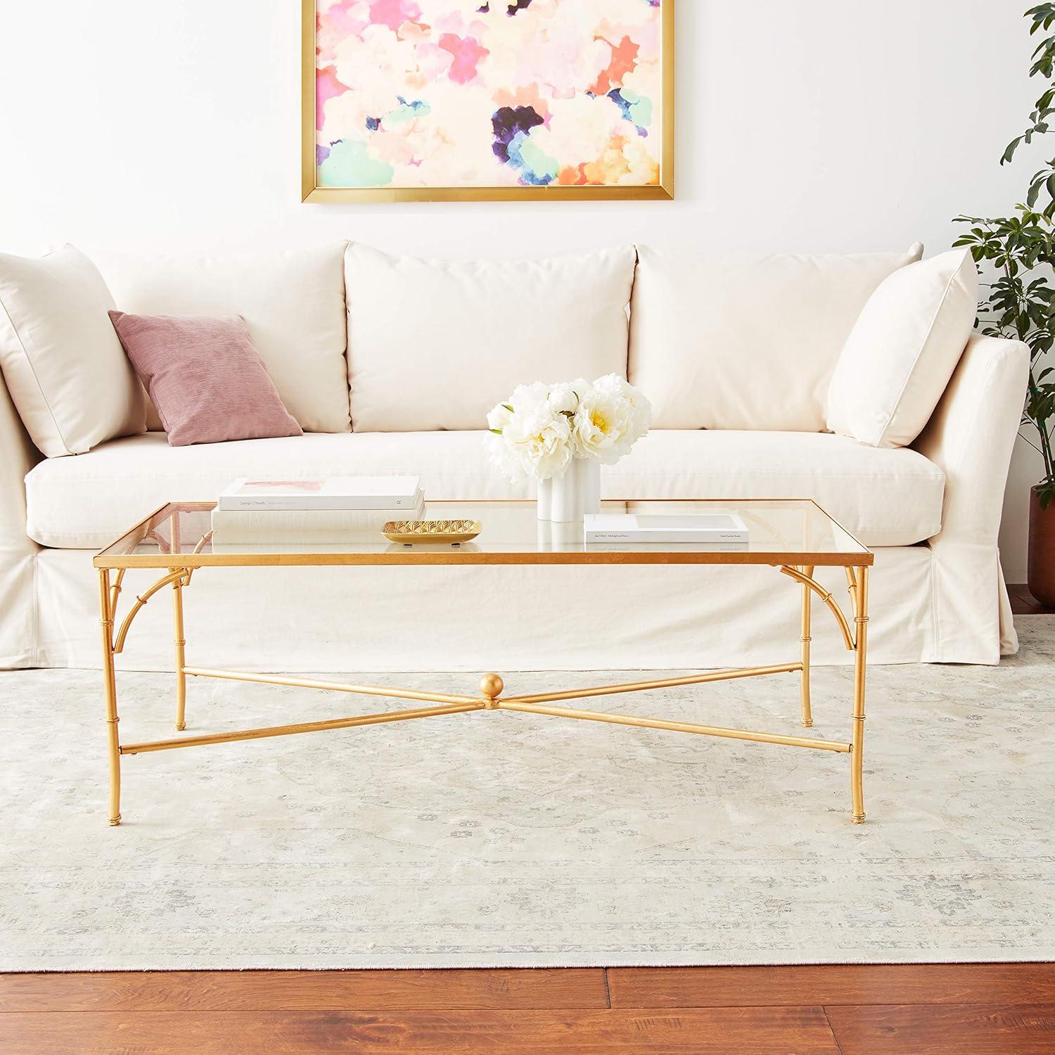 Maurice Gold Gilt Iron and Tempered Glass Rectangular Coffee Table