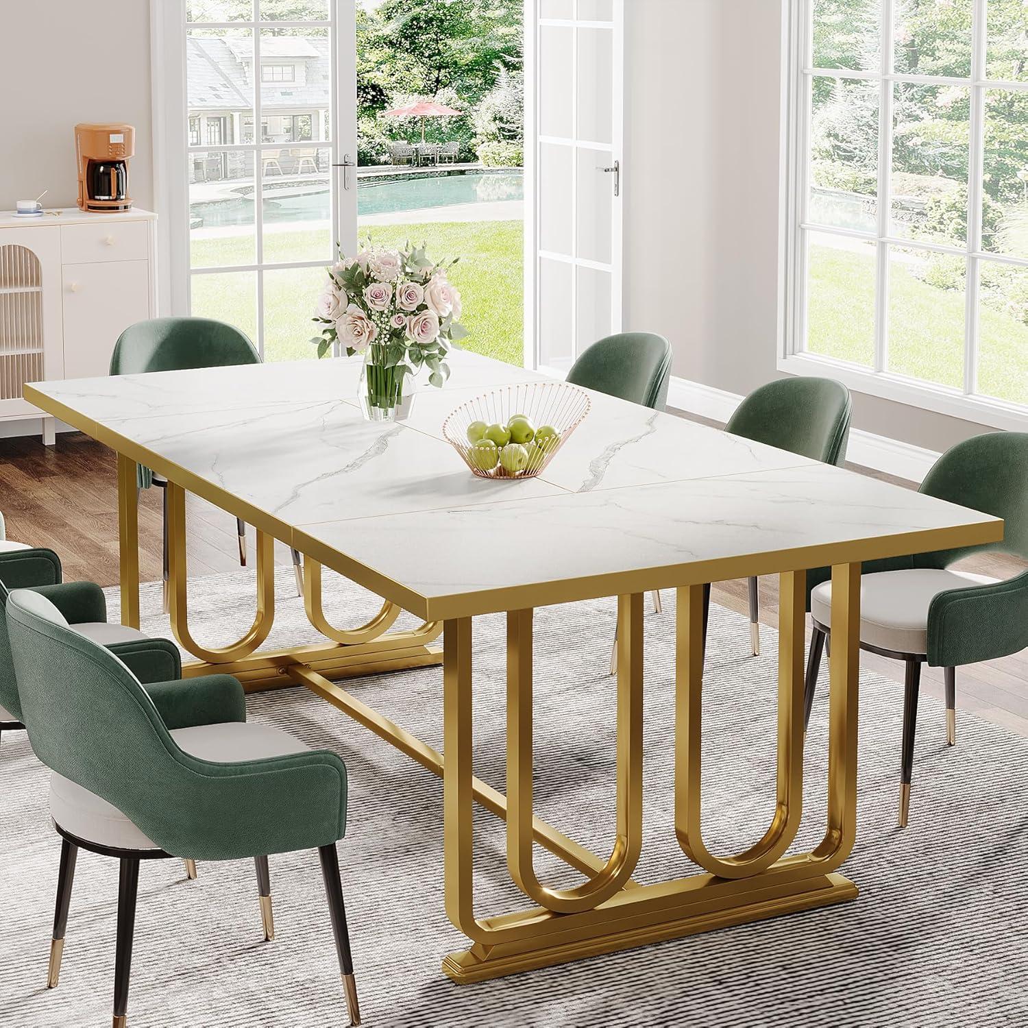 Tribesigns Dining Table for 6-8, 70.87" Rectangle Kitchen Table with Faux Marble Tabletop and Metal Legs for Dining Room